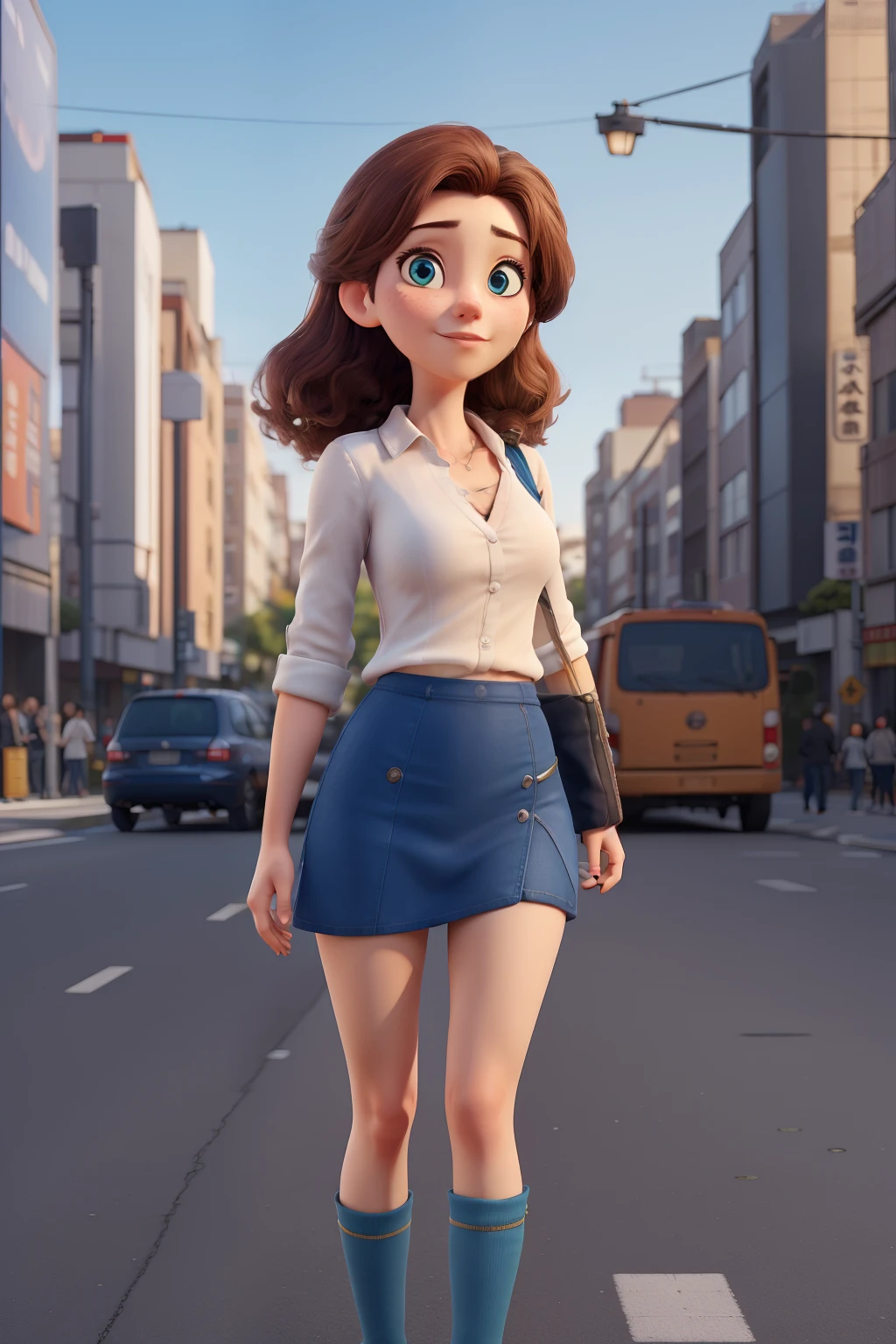 work of art, best qualityer, 8k, Photographic Reality, realisitic, octane rendering, Busy urban streets in Japan (1womanl: 1.4), (Just a woman on screen: 1.3), (white  shirt), (cabellos largos dorados), (Hip wrapped skirt), (blue colored eyes) Upper body display