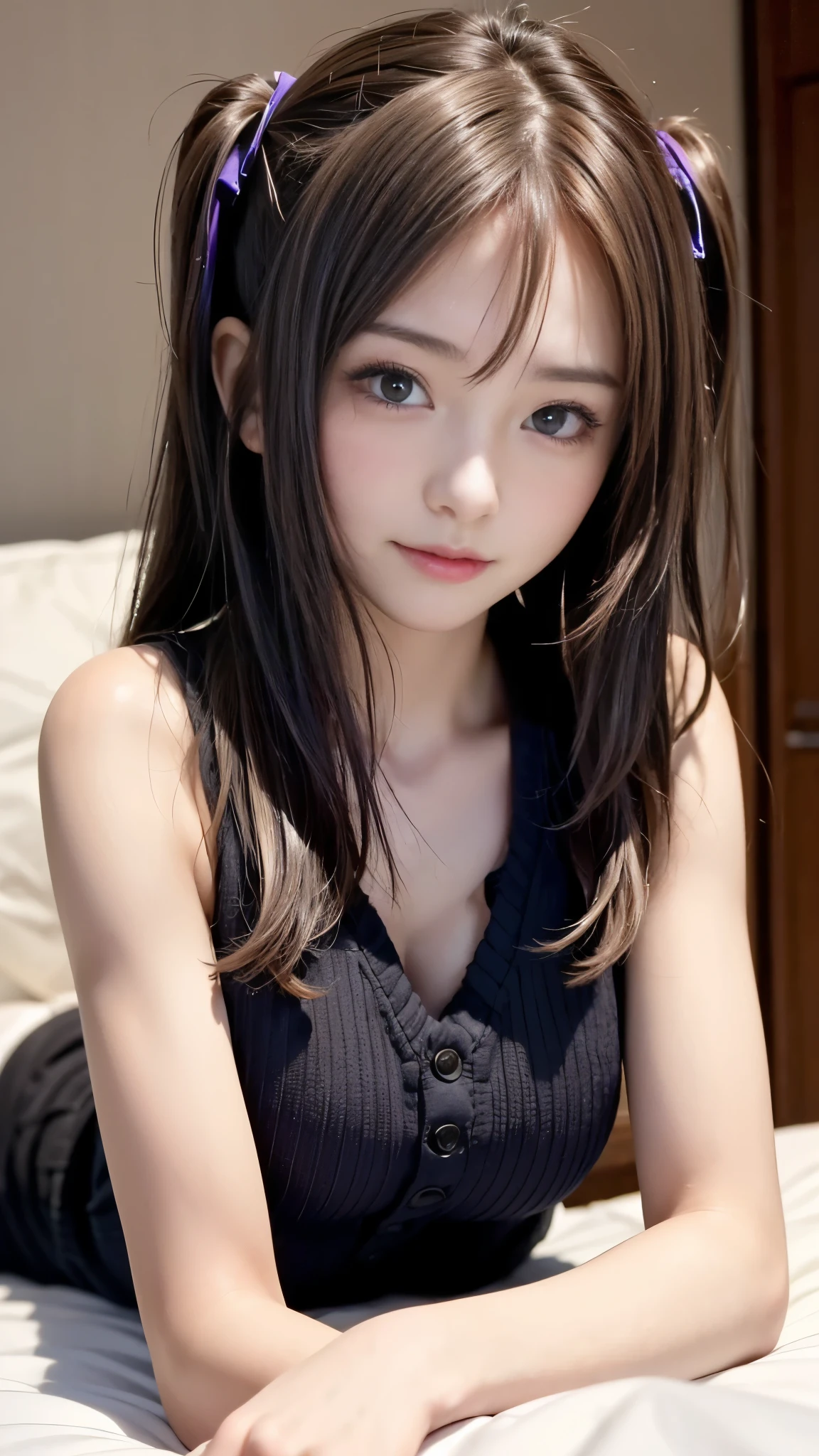 (((A beautiful 、A single photo、from the front、Lying in bed and staring at the opposite sex to seduce:1.1、Lying face down with arms folded:1.3)))、blush、((Cute appearance々I can see the colored clothes:1.4))、((Detailed eyes and face:1.2、Professional photography techniques))、(Correct hands and arms:1.2)、((Face and bust portrait:1.2))、(Detailed arms:1.4)、(Proper prone position:1.2)、Twin tails