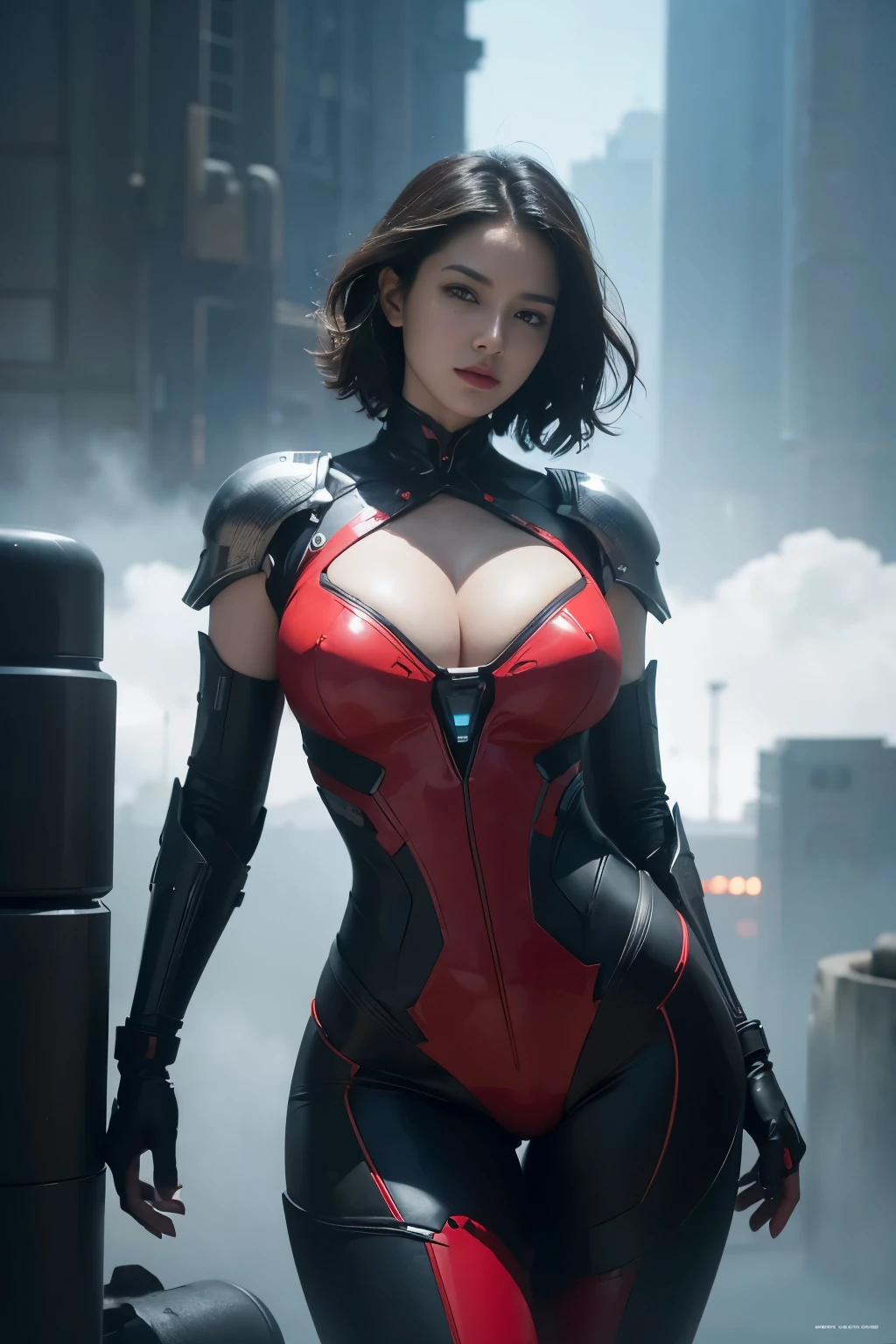 beautiful woman with short wavy hair,plump body,cleavage,big thighs, red cybernetic robot armor,abs,futuristic sci-fi city landscape,advanced technology,cinematic lighting,epic scale,photoreal,(best quality,4k,8k,highres,masterpiece:1.2),ultra-detailed,(realistic,photorealistic,photo-realistic:1.37),concept art,digital art,hyper detailed,dramatic lighting,volumetric fog,vibrant colors