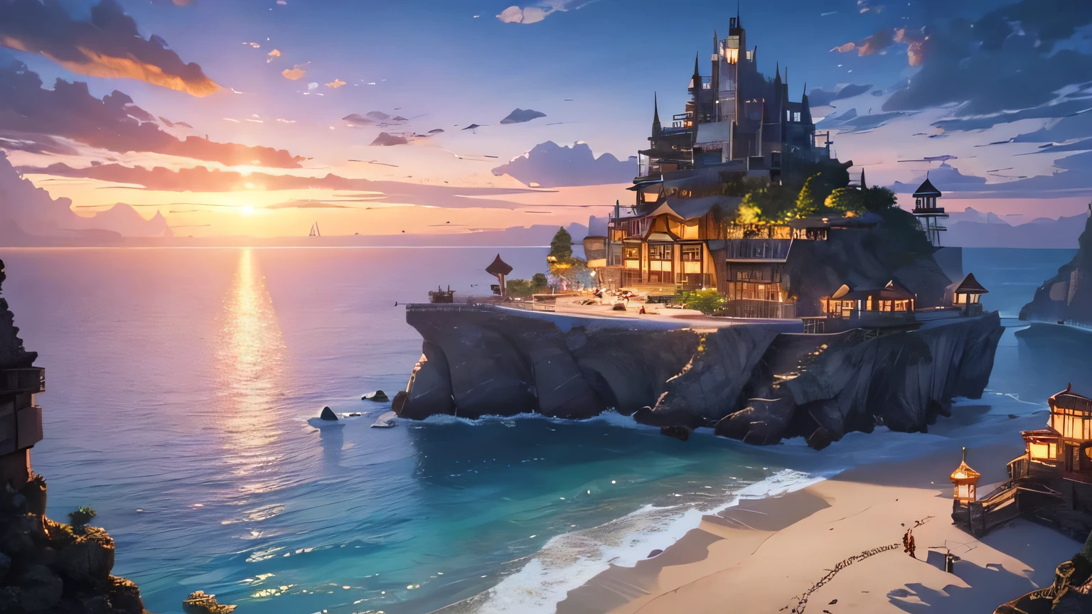 middle ages風、beach、high resolution、8k、Fantasy World、Volumetric lighting、Realistic、Cinema Lighting、cave、City on the cliff、Steampunk World、middle ages、Sunset、Warm lighting、View from the seaside、A market with a thriving fishing industry、