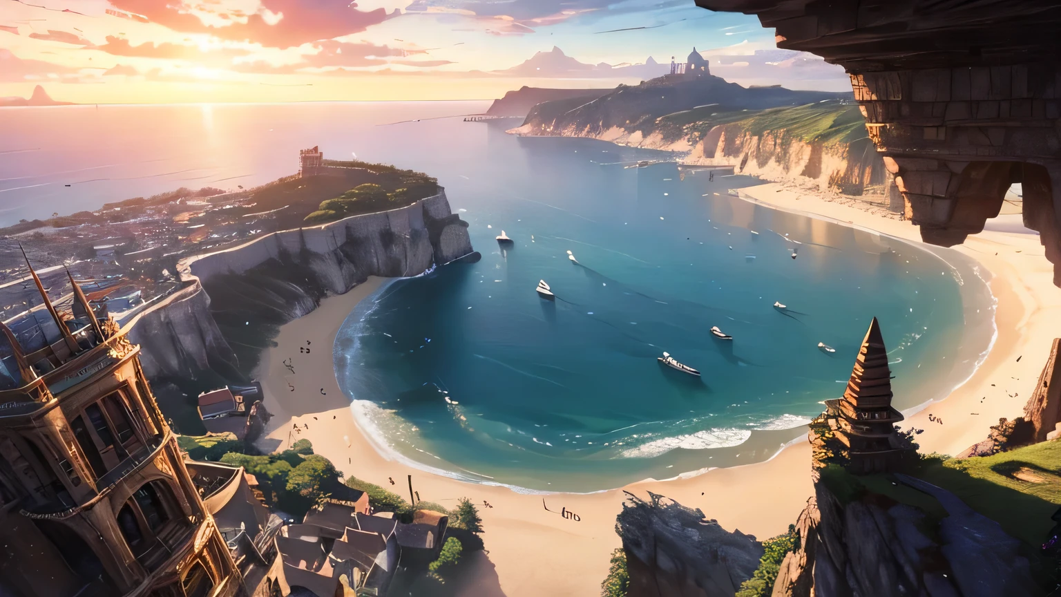 middle ages風、beach、high resolution、8k、Fantasy World、Volumetric lighting、Realistic、Cinema Lighting、cave、City on the cliff、Steampunk World、middle ages、Sunset、Warm lighting、View from the seaside、