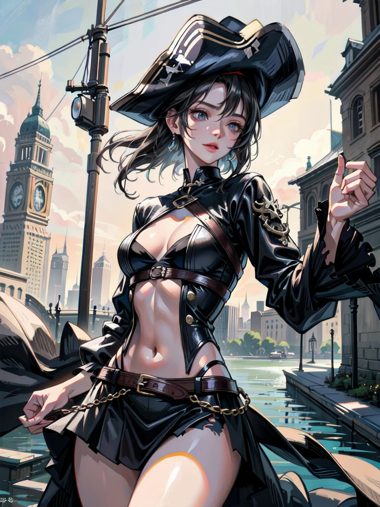 absurdres, RAW photo, extremely delicate and beautiful, masterpiece, Best Quality, ultra high resolution, 32k, hyperrealistic, ultra-detailed, Very detailed CG 8k wallpaper, detailed background, landscape, Beautiful Lighting, Perfect Lightning, Realistic Shadows, perfect anatomy, anatomically correct, perfect figure, Perfect Style, Perfect balance, super Detailed skin, in her 30s, very Slim body, narrow waist, very small head, very small face, delicate facial features, handsome detailed woman, very detailed eyes and face, realistic face proportions, Realistic beautiful face, Realistic beautiful eyes, tearful mole, earring, whole body shot, very huge round tits, medium hair, asymmetrical hair, outdoor, Practical pirate clothing, Long-sleeved pirate top, Skirt, torn pirate hat,