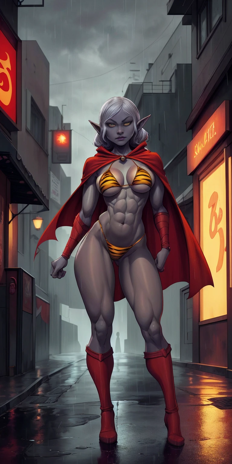 Drow Elf in Urban Setting: A female Drow Elf with a strong, athletic body wearing a yellow tiger bikini and red cape, standing in a rainy street. The image should have a cinematic, atmospheric feel with high-quality details.