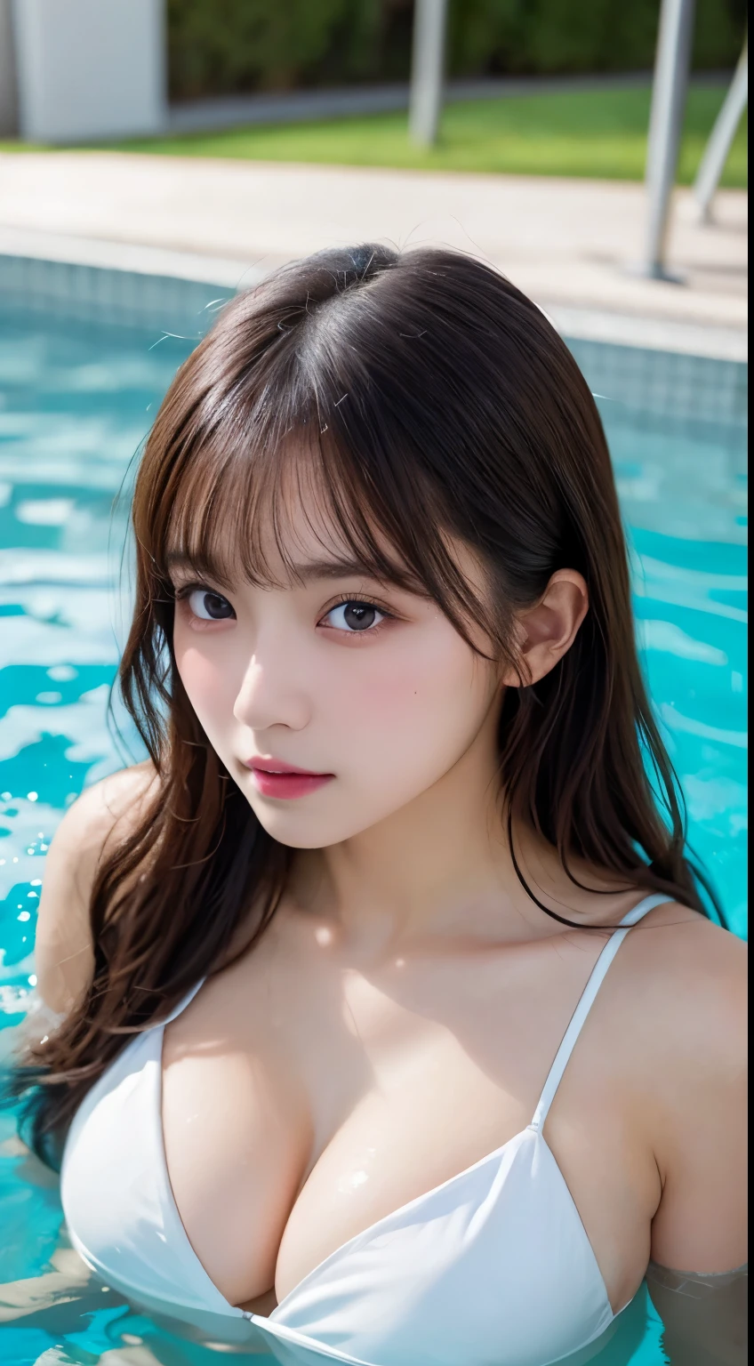 masterpiece, Highest quality, shape, Very detailed, In detail, Highest Resolution, 8k wallpaper, Perfect dynamic composition, Beautiful details,  Natural Lip, White Bikini, Cleavage, whole body, In the pool, G-string，Looking into the camera，stand，whole body