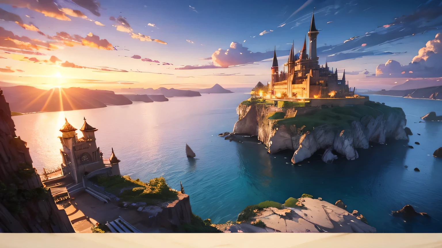 middle ages風、beach、high resolution、8k、Fantasy World、Volumetric lighting、Realistic、Cinema Lighting、cave、City on the cliff、Steampunk World、middle ages、Sunset、Warm lighting、View from the seaside、