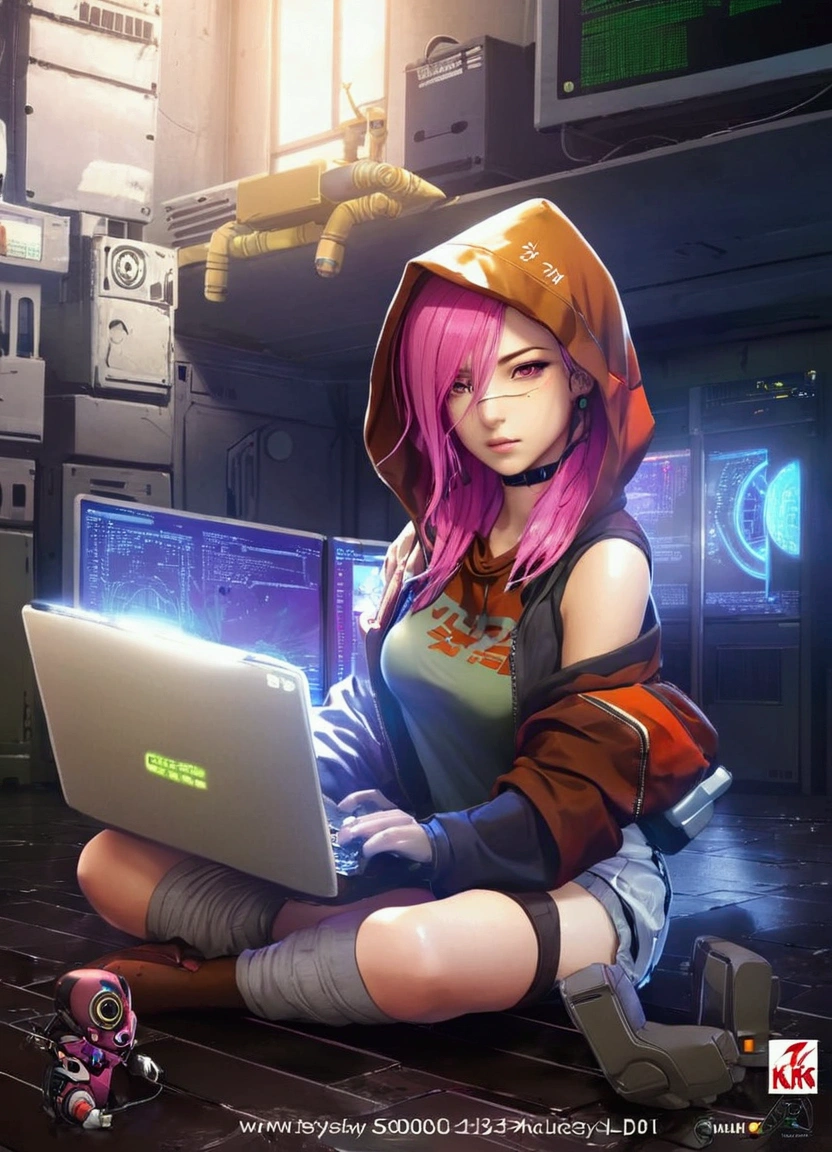 a woman sitting on the ground with a laptop computer, digital cyberpunk - anime art, digital cyberpunk anime art, digital cyberpunk anime!!, cyber school girl, cyberpunk anime girl in hoodie, anime cyberpunk art, anime cyberpunk, cyberpunk anime art, cyberpunk anime girl, cyber style, anime style 4 k, cyberpunk))))), in cyberpunk style, digital anime art, digital anime illustration