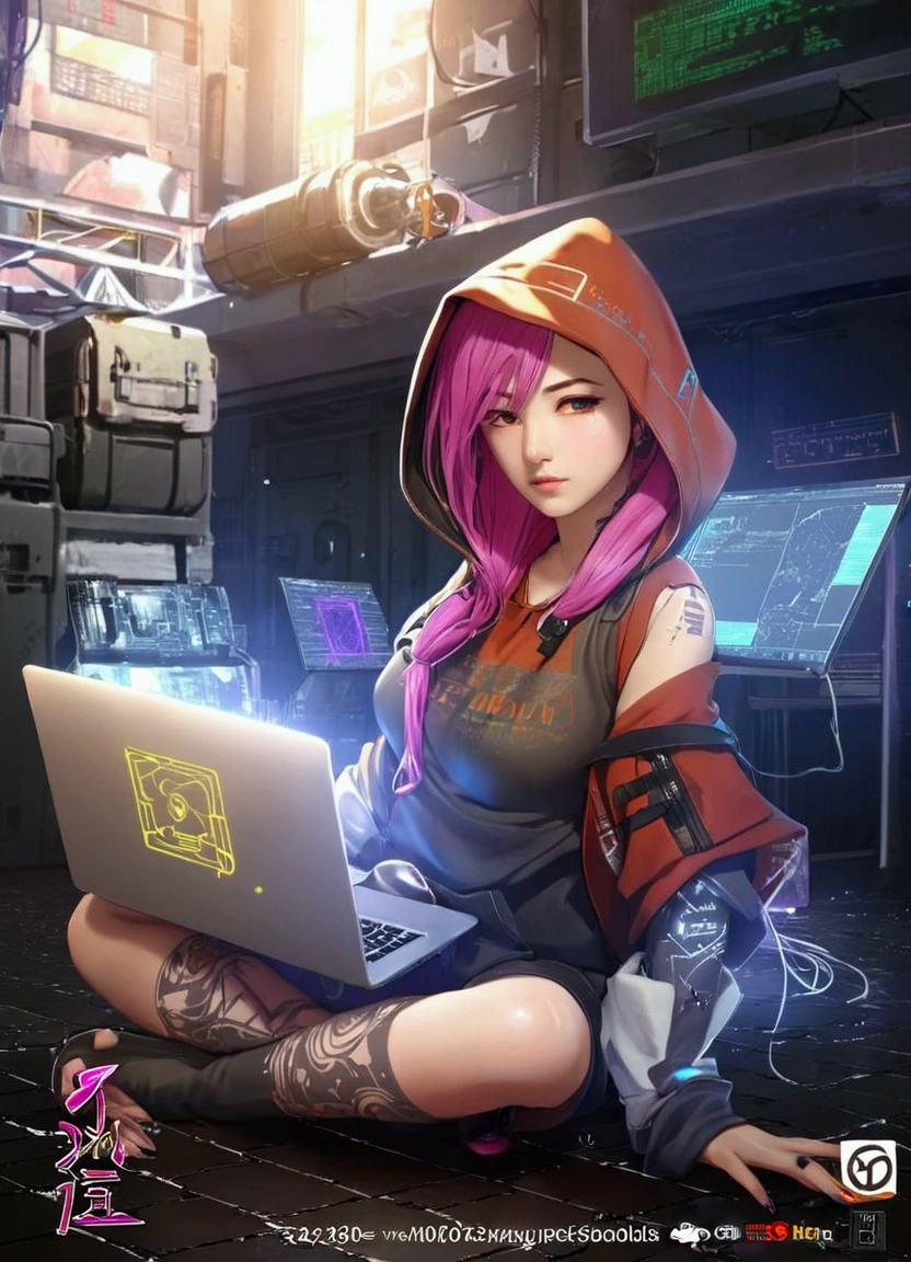 a woman sitting on the ground with a laptop computer, digital cyberpunk - anime art, digital cyberpunk anime art, digital cyberpunk anime!!, cyber school girl, cyberpunk anime girl in hoodie, anime cyberpunk art, anime cyberpunk, cyberpunk anime art, cyberpunk anime girl, cyber style, anime style 4 k, cyberpunk))))), in cyberpunk style, digital anime art, digital anime illustration