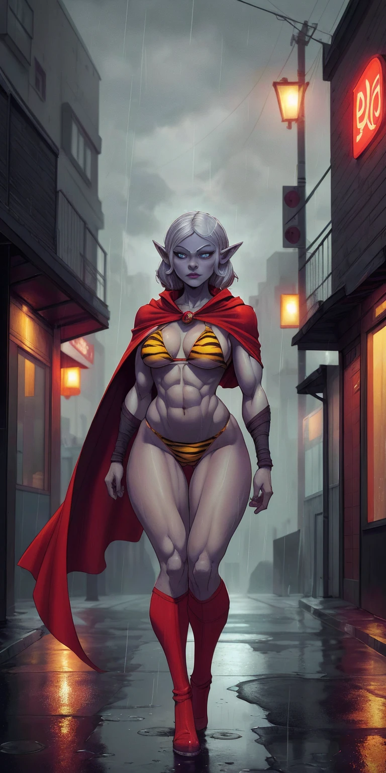 Drow Elf in Urban Setting: A female Drow Elf with a strong, athletic body wearing a yellow tiger bikini and red cape, standing in a rainy street. The image should have a cinematic, atmospheric feel with high-quality details.