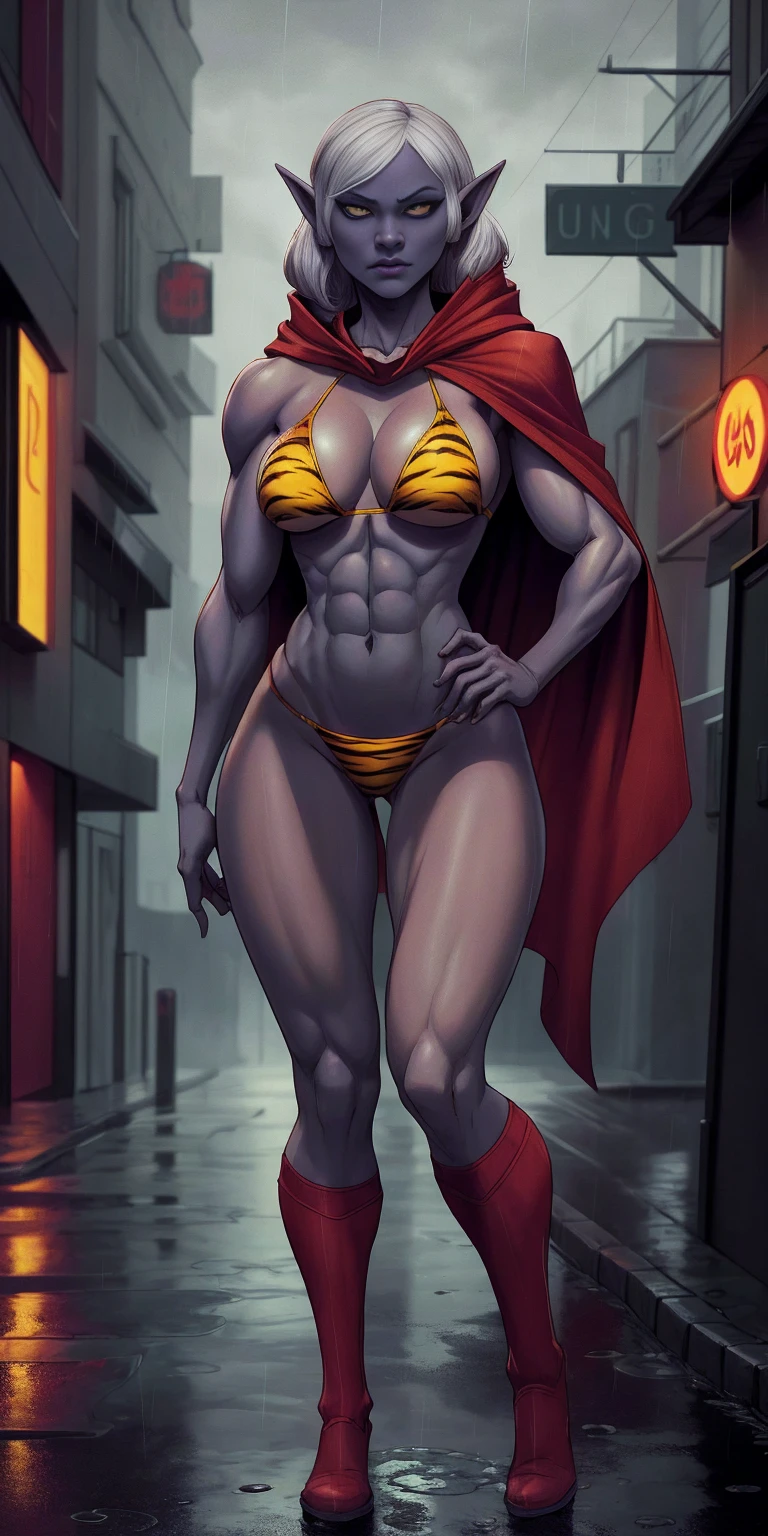 Drow Elf in Urban Setting: A female Drow Elf with a strong, athletic body wearing a yellow tiger bikini and red cape, standing in a rainy street. The image should have a cinematic, atmospheric feel with high-quality details.