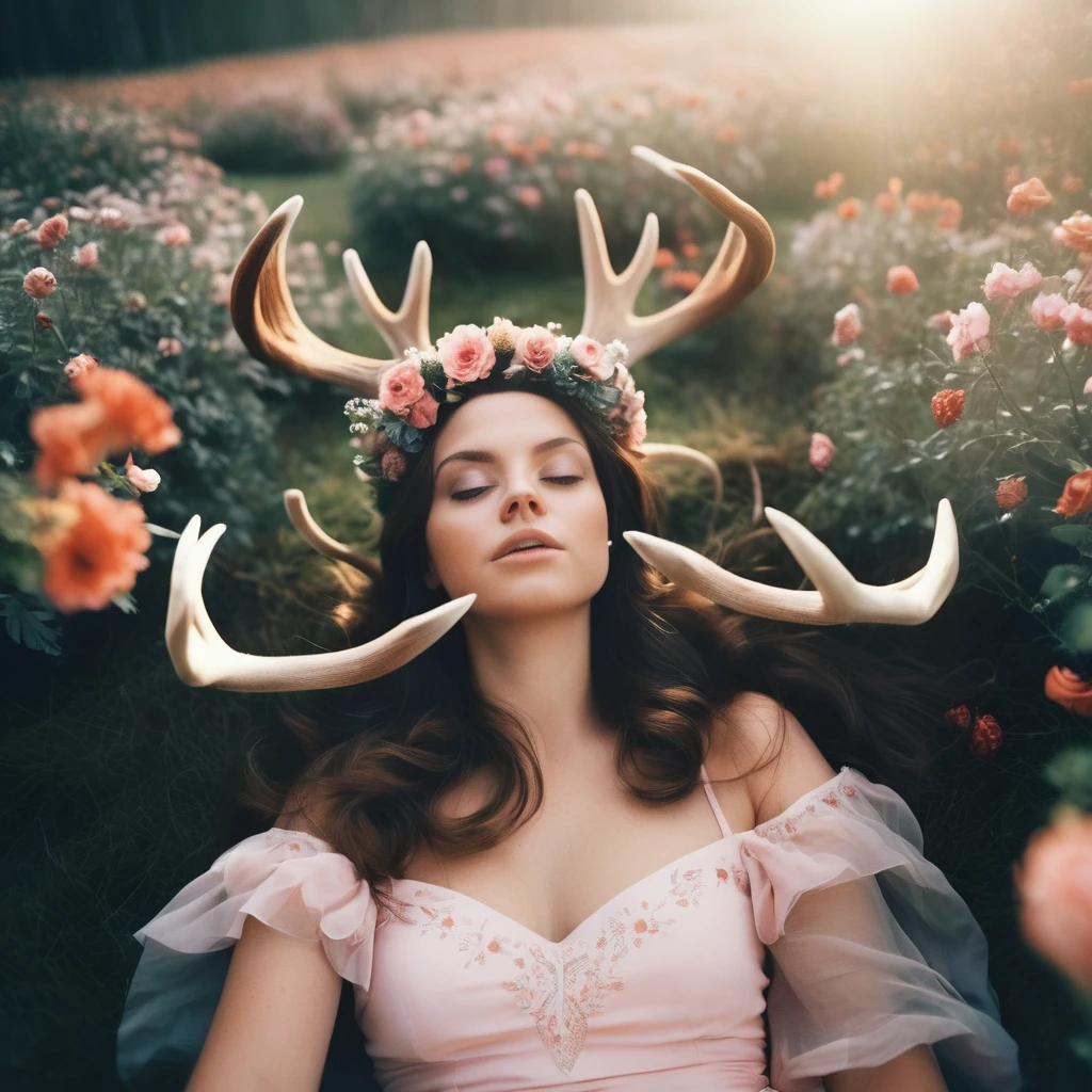 ohwx woman, (from above:1.2),  ,lying on flowers, looking down, leotard ,(flowers, leaves,  petals:1.2),  soft skin,  (flying butterflies:1.2),  flower crown, 
long messy hair, 
film grain, depth of field, analog film style,
editorial photo,  woman, wide hips,
(best quality:1.2), absurdres, BLOOM, fog, 
shot on Fujifilm Superia 400, Short Light,  32k, cinematic composition, professional color grading, film grain, atmosphere, wondrous, very sunny,
motion blur
,( blush:1.2),  blurry foreground, Large set of deer antlers coming out of head, deer antlers, 