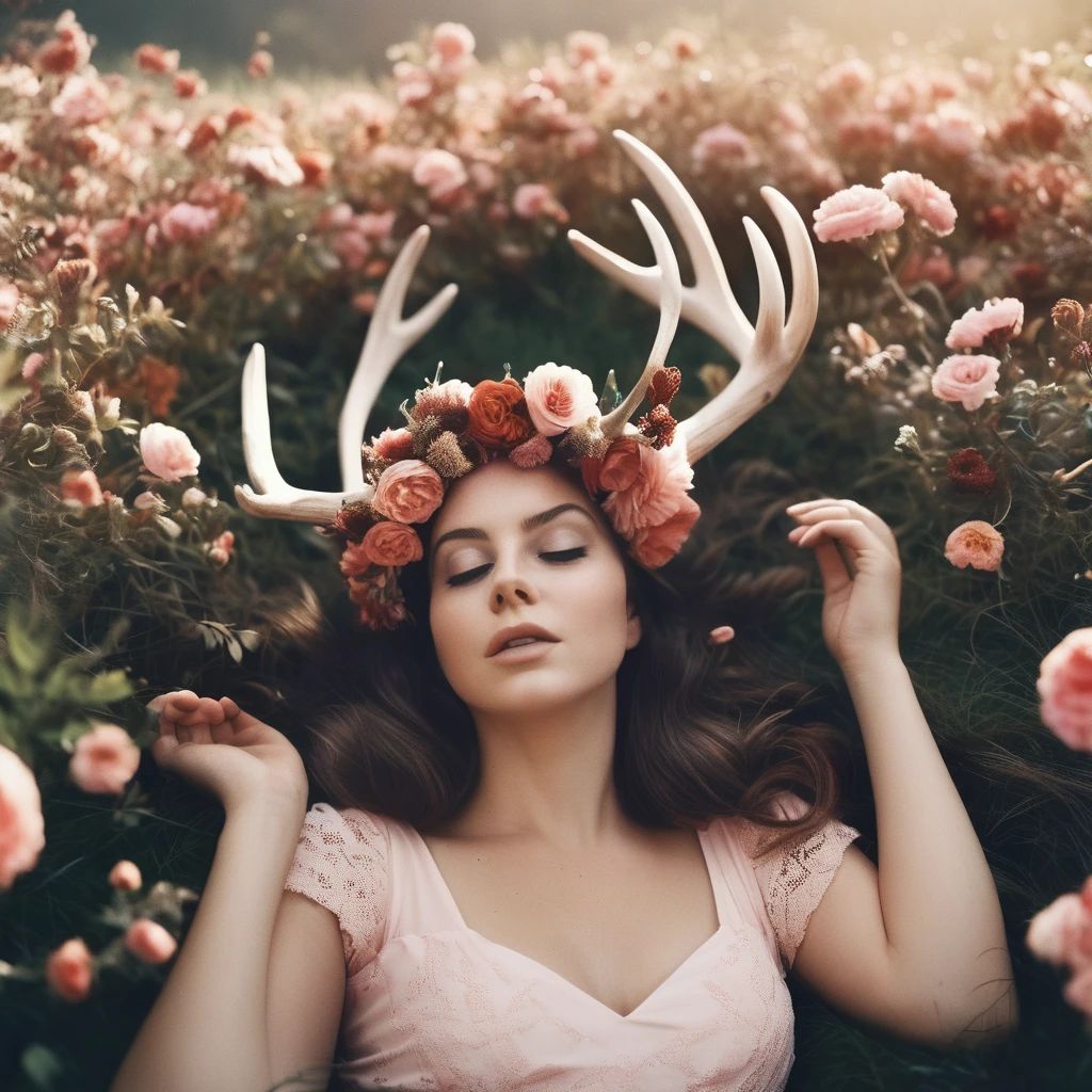 ohwx woman, (from above:1.2),  ,lying on flowers, looking down, leotard ,(flowers, leaves,  petals:1.2),  soft skin,  (flying butterflies:1.2),  flower crown, 
long messy hair, 
film grain, depth of field, analog film style,
editorial photo,  woman, wide hips,
(best quality:1.2), absurdres, BLOOM, fog, 
shot on Fujifilm Superia 400, Short Light,  32k, cinematic composition, professional color grading, film grain, atmosphere, wondrous, very sunny,
motion blur
,( blush:1.2),  blurry foreground, Large set of deer antlers coming out of head, deer antlers, 