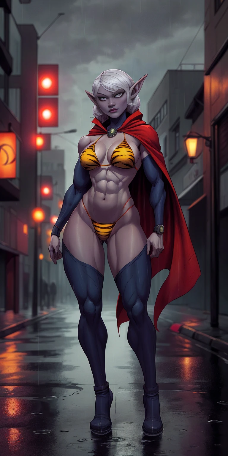 Drow Elf in Urban Setting: A female Drow Elf with a strong, athletic body wearing a yellow tiger bikini and red cape, standing in a rainy street. The image should have a cinematic, atmospheric feel with high-quality details.