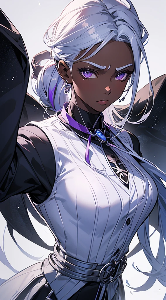 A darkskin woman, beautiful detailed purple eyes, long white hair in a ponytail, small blue streaks in her hair, blank facialssion, wearing a long sleeve shirt with a tie, black hoodie, stoic expression, (best quality,4k,8k,highres,masterpiece:1.2),ultra-detailed,(realistic,photorealistic,photo-realistic:1.37),portrait,high fashion,dramatic lighting,cinematic,moody