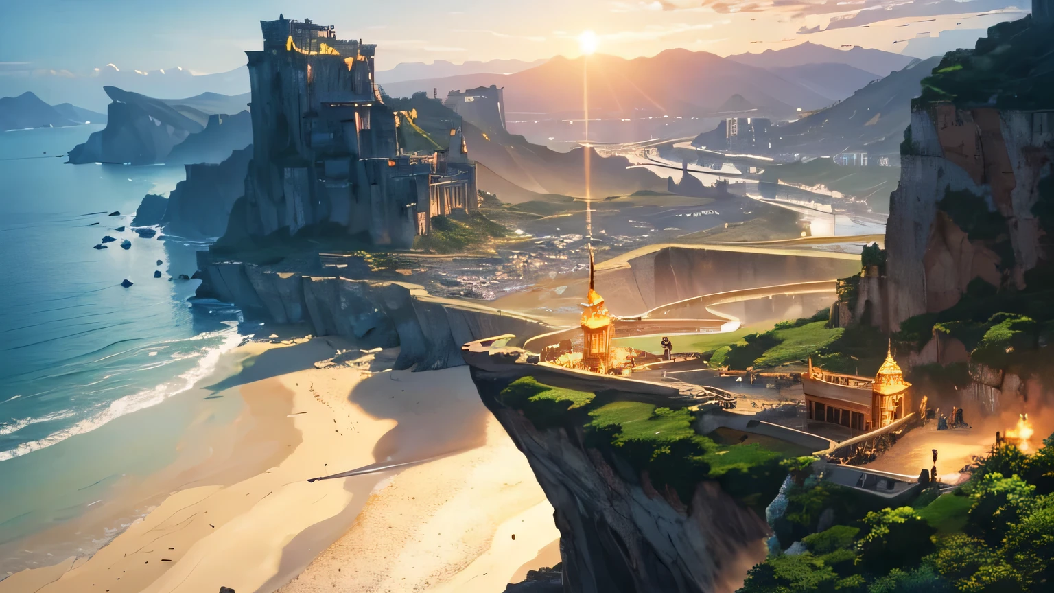 middle ages風、beach、high resolution、8k、Fantasy World、Volumetric lighting、Realistic、Cinema Lighting、cave、City on the cliff、Steampunk World、middle ages、Sunset、Warm lighting、
