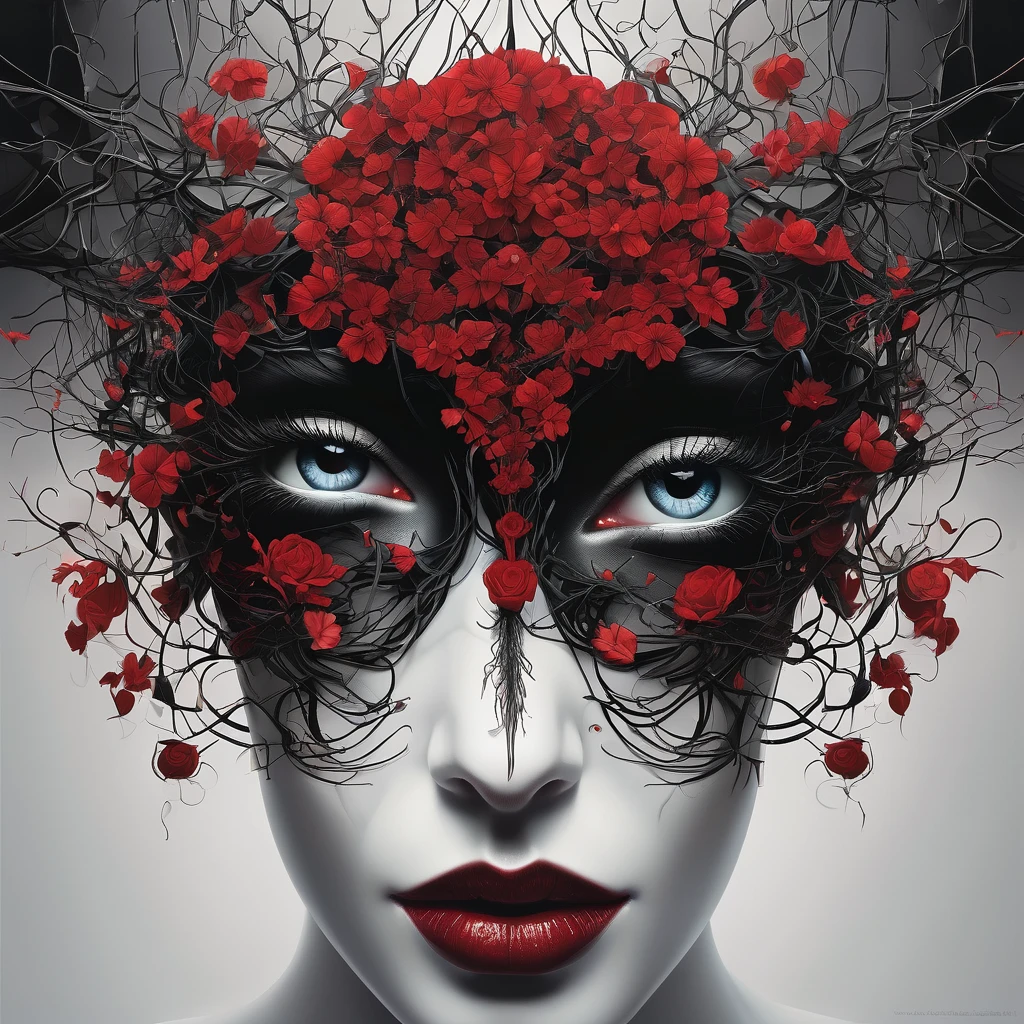 LOVE appears as a deep, tangled root system, intertwining with the dark side of the algorithm. This intricate network of emotions and calculations is depicted in a stunning oil painting, showcasing the complexity and beauty found within the collision of human passion and technological influence. Rich, vibrant hues of red and black dance across the canvas, capturing the viewer's gaze with their striking contrast. Each detail is meticulously rendered, from the delicate tendrils of the roots to the ominous shadows cast by the algorithmic presence. This evocative image is a masterpiece of storytelling, seamlessly blending the warmth of love with the chilling grasp of modern technology.