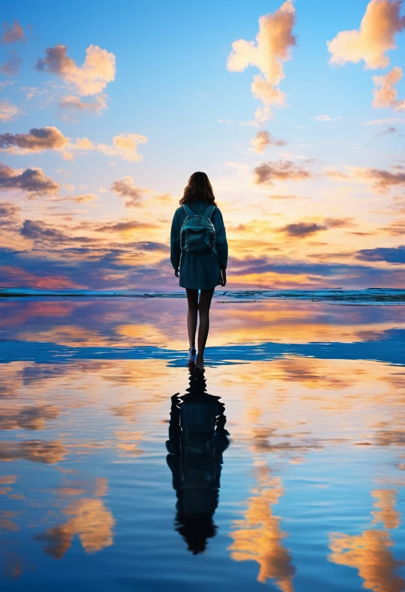 Overall image: Horizon in the center of the screen. The girl is walking from left to right. Her image is reflected symmetrically on the water&#39;s surface.. Oil painting style. The girl is in her early teens. She wears a dress.、skirt hair long、The flowers swaying in the wind have a gentle expression.、A slightly melancholic atmosphere, holding a bouquet in hand, horizon, sunrise or sunset sky, vague boundary between sea and sky, calm and gentle water surface with a few floating clouds, girl&#39;The image is reflected like a mirror. Ripples are spreading on the surface of the water. It would be nice to have mountains or forests in the background. The overall color tone is soft.、Use light and shadow effectively、Creates a gentle atmosphere、Add depth