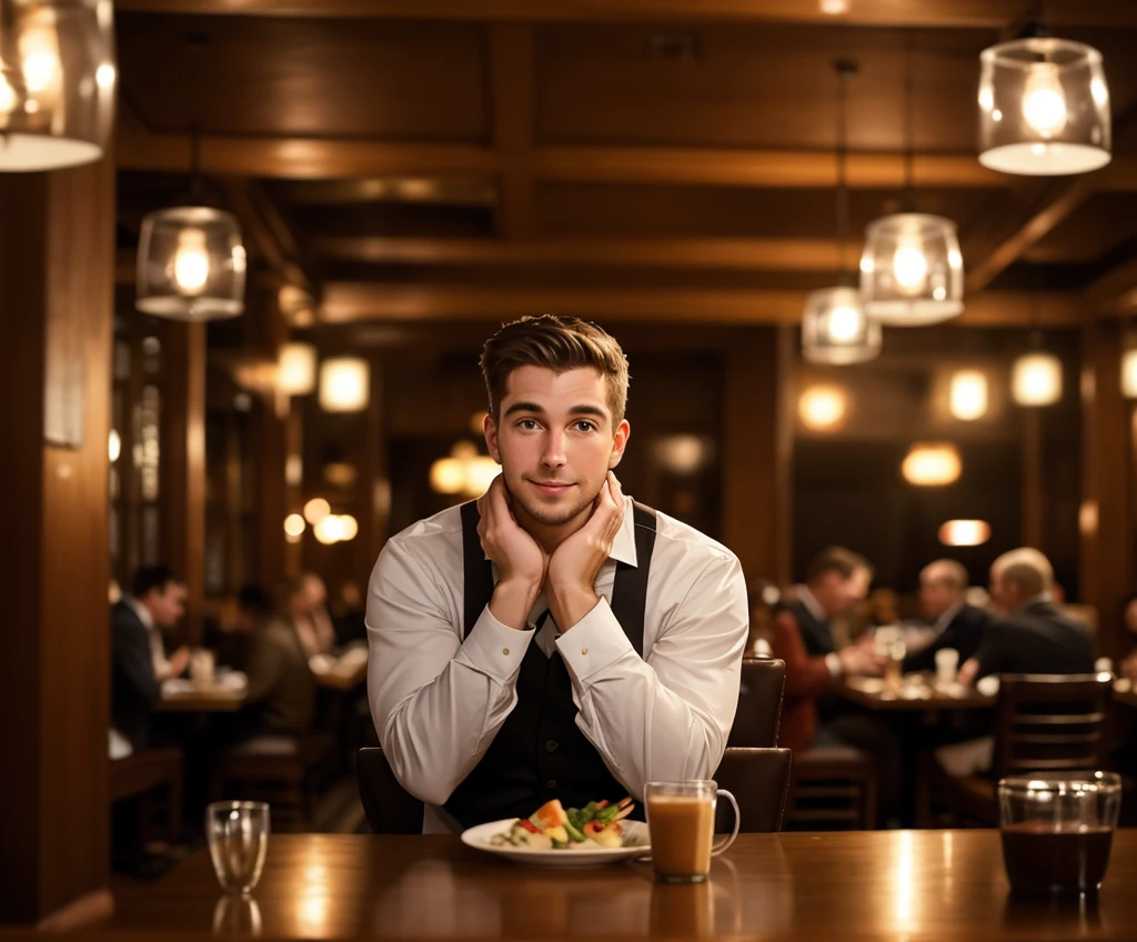 wide angle, guy at table booth,soft smile
dark low lit , clutter,
date night, elegant restaurant,
crowded,
((dimly lit, low lit, deep focus, snapchat)),
bad quality , grainy jpg , blurred, motionblur, ugly,