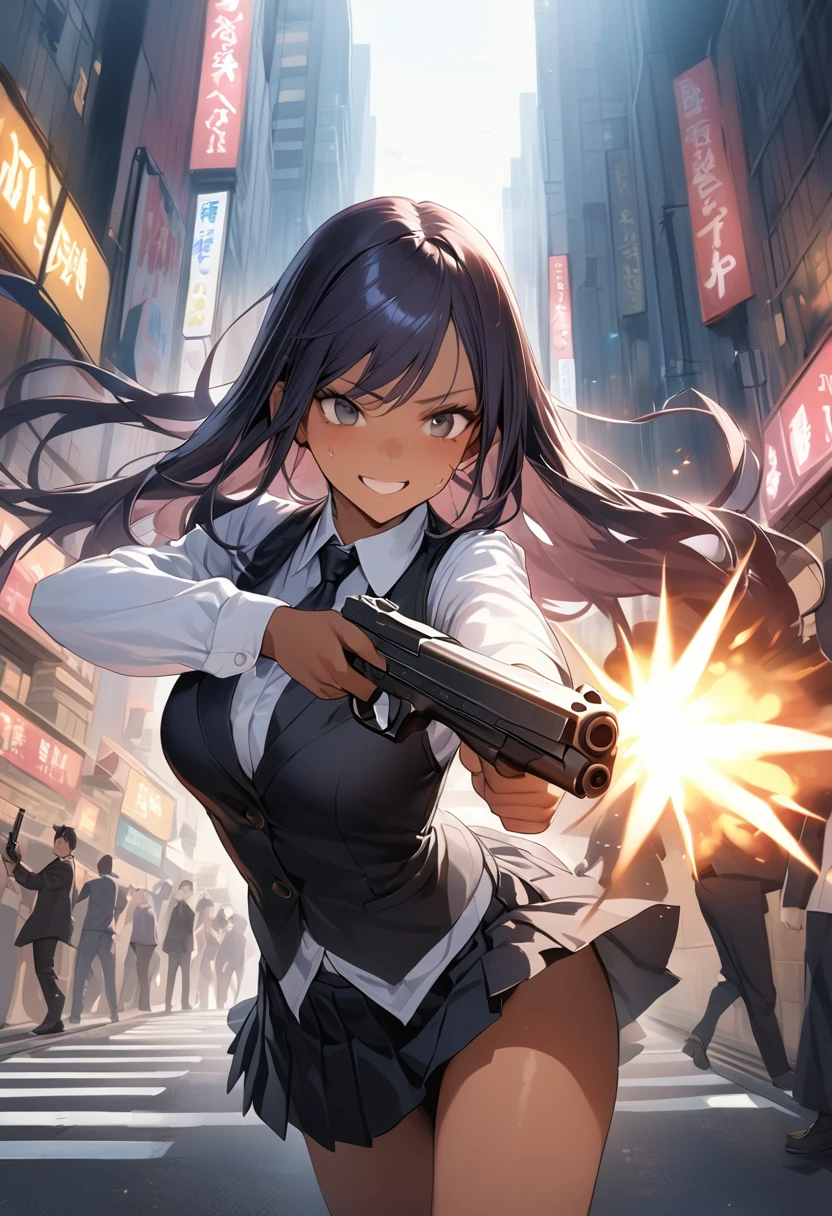 Action Scenes、(Woman fighting the devil),((masterpiece,Highest quality:1.3,best quality illustration)),realistic,cowboy shot,1woman,(22 year old beauty),((very small head:1.4)),ideal ratio body proportions,dark blue hair,straight long hair,bangs,black eyes,gorgeous big eyes,smile,((tan skin,skinny)),(Black vest、Black tie、White collared shirt、Long sleeve、Black pleated mini skirt)),medium breasts,gleaming skin,slender body,sweat,(Detailed handgun,Firing stance),on street,Shinjuku、Tokyo、