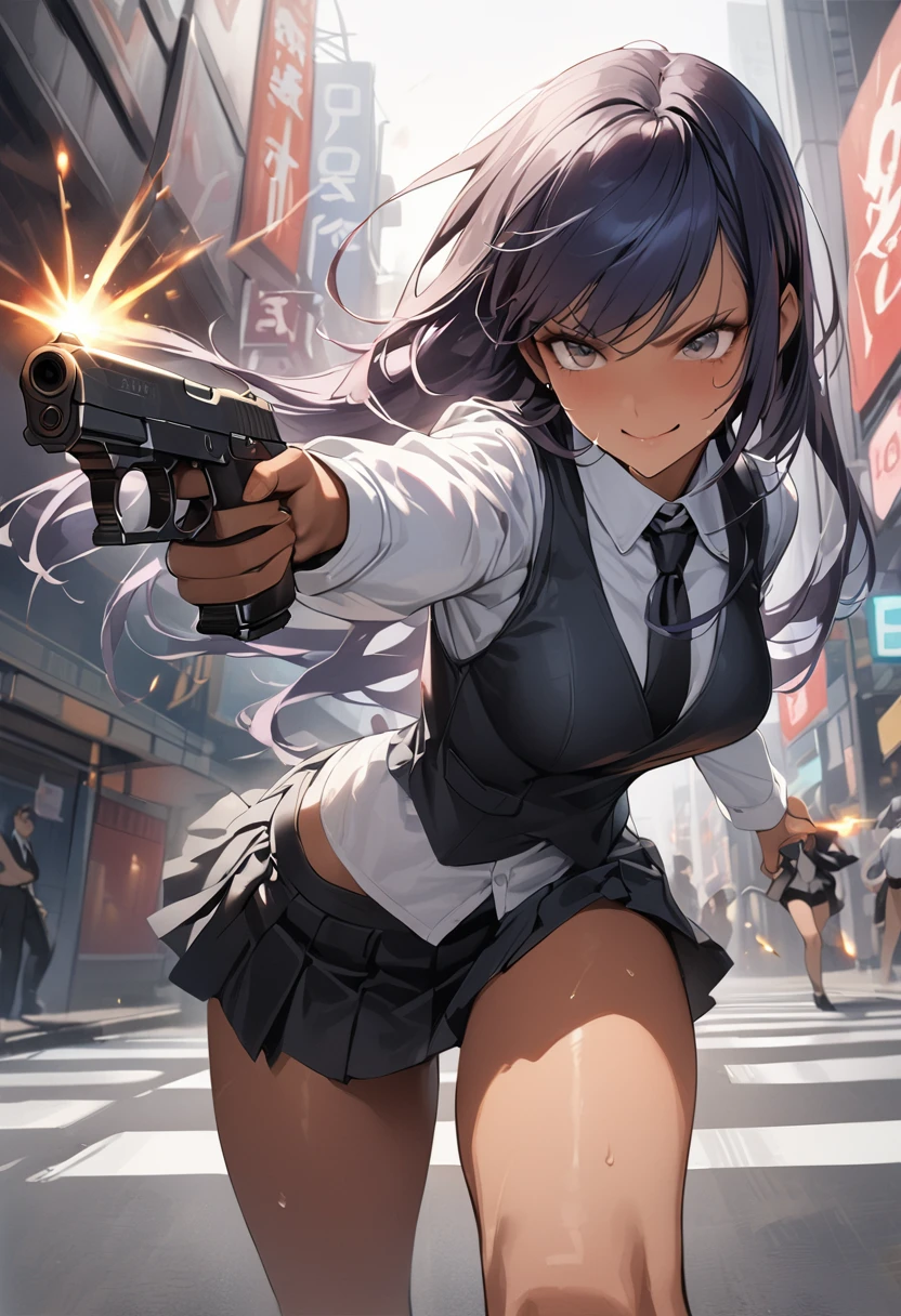 Action Scenes、(Woman fighting the devil),((masterpiece,Highest quality:1.3,best quality illustration)),realistic,cowboy shot,1woman,(22 year old beauty),((very small head:1.4)),ideal ratio body proportions,dark blue hair,straight long hair,bangs,black eyes,gorgeous big eyes,smile,((tan skin,skinny)),(Black vest、Black tie、White collared shirt、Long sleeve、Black pleated mini skirt)),medium breasts,gleaming skin,slender body,sweat,(Detailed handgun,Firing stance),on street,Shinjuku、Tokyo、