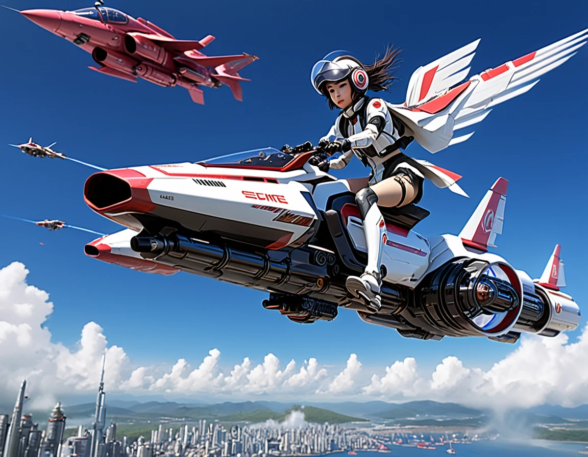 masterpiece,Highly detailed 8k futuristic science fiction sci-fi cyberpunk anime,One girl, beautiful,白のmechanicalなライダースーツ,Spanning the seat、 (Going through the air on a large hoverbike Flying through the air without wheels)、Symmetrical、mechanical、SF propulsion、Suspended large machine gun、On-board small missile pod、streamline、A fusion of fighter jets and big bikes、Dynamic Angle、diagonal、