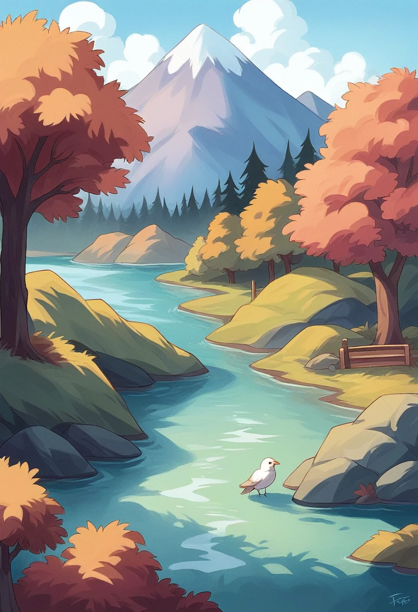 try to turn this painting into a realistic photo. There is a house to the right of the image, on the stairs of the house there is a woman standing. In front of the house there is a fisherman sitting, resting in the shade of some trees while looking at some birds in front of you. On the left side of the image there is a river, that flows into a deeper lake. on the left bank of this river, a small waterfall surrounded by colorful vegetation. At the bottom of the image, Snow-covered mountains are blurred by fog. the sky is in shades of blue and orange, like in the morning.