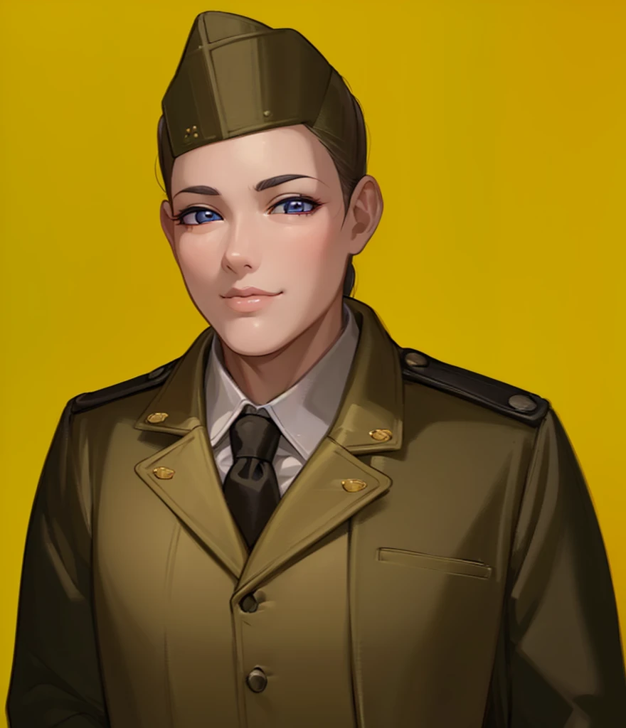 Female, (girls:1.5), (exceptional, best aesthetic, new, newest, best quality, anime, waifu:1.2), best quality, ultra detailed, absurdres, highres, colored, good anatomy, normal eyes, centered eyes, no cockeyed, no cross-eyes black hair, pretty smiling kind face, blonde hair, blue eyes, olive color soft hat, olive color coat, no buttons on the coat, inside white shirt, black tie,