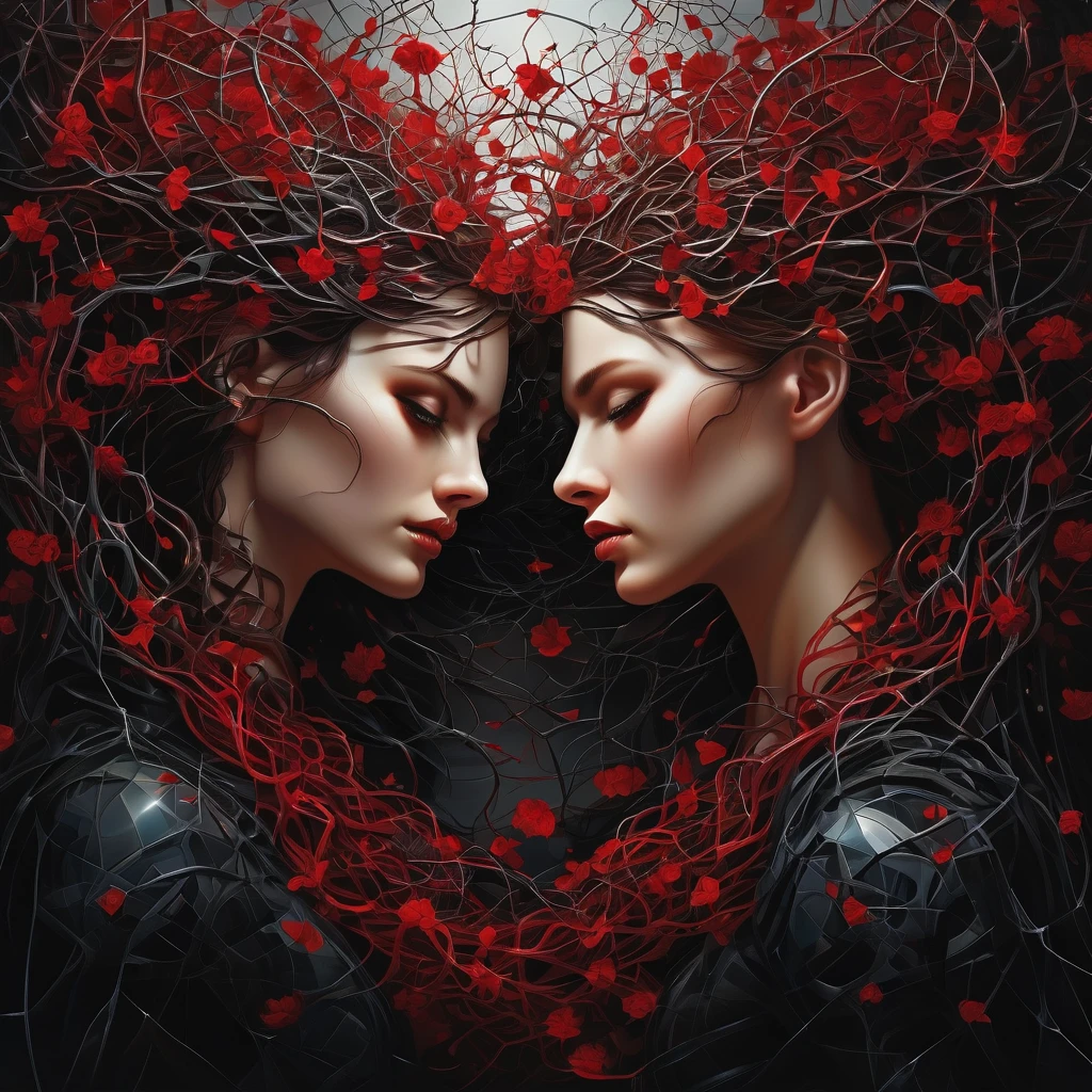 LOVE appears as a deep, tangled root system, intertwining with the dark side of the algorithm. This intricate network of emotions and calculations is depicted in a stunning oil painting, showcasing the complexity and beauty found within the collision of human passion and technological influence. Rich, vibrant hues of red and black dance across the canvas, capturing the viewer's gaze with their striking contrast. Each detail is meticulously rendered, from the delicate tendrils of the roots to the ominous shadows cast by the algorithmic presence. This evocative image is a masterpiece of storytelling, seamlessly blending the warmth of love with the chilling grasp of modern technology.
