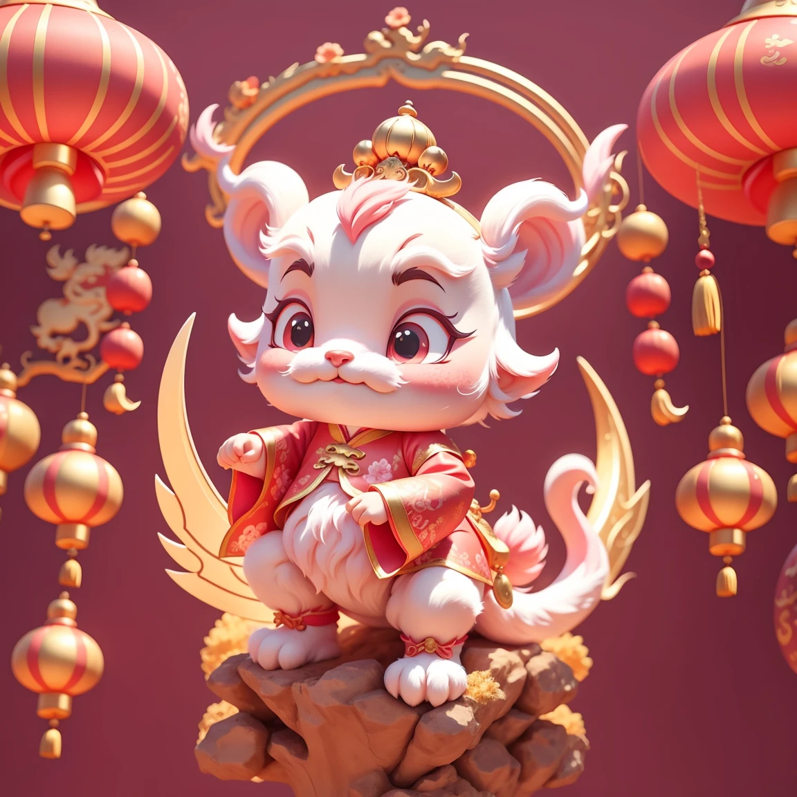 A cute Chinese dragon, There are dragon horns，Spring Festival，Festive atmosphere，Red pink and light gold styles, Decorations，