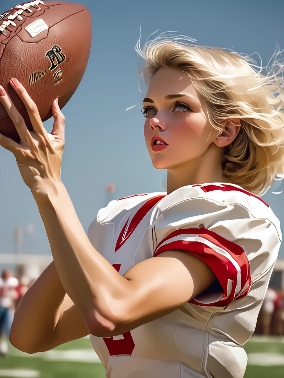 Photo, Closeup of a blonde female quarterback throwing a football, midriff. Style by J.C. Leyendecker, Canon 5d Mark 4, Kodak Ektar, 35mm