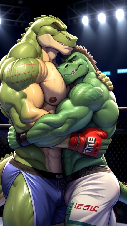 Duo male(Green Gator vs Green Gator, handsomes, handsome hairstyle, tails, Thick eyebrows, detailed face), gay(Clinch embraced, Body with body, cuddling shoulders, on a UFC match, full body), hot(Shirtless), handsomes(They are handsomes, correct anatomy), musculosos(Big muscle bodies, Six packs, muscle abs, big pecs, muscle backs, muscle legs), sweaty(very sweaty wet bodies, shiny sweat), tatuajes(they have tattoos), grumpy(Both have an grumpy expression, grumpy teeths, steaming breath), UFC gloves(They both are wearing UFC gloves), UFC boxers(they both are wearing ufc boxers), Hight resolution, by(Zourik:1.1)