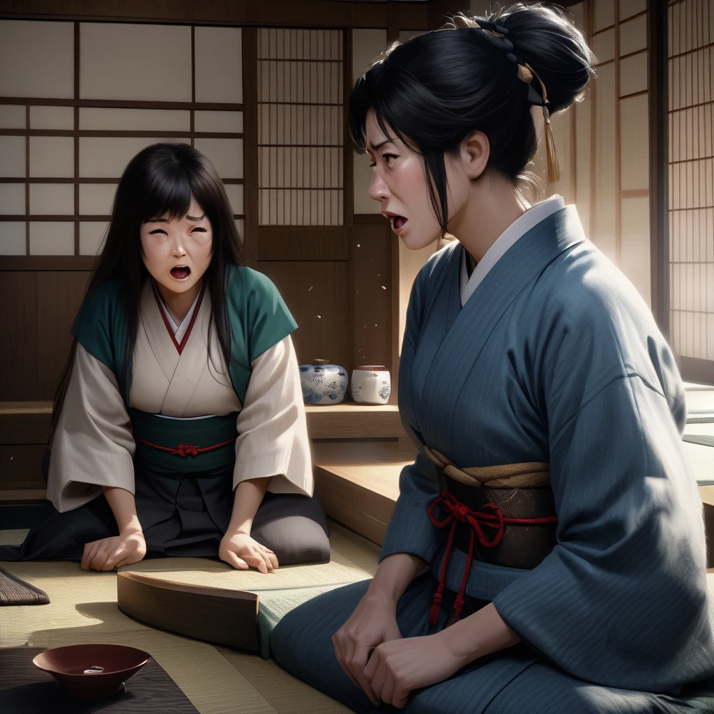 "Date Masamune arguing with his mother, traditional Japanese room, intense and emotional scene, realistic style"
プロンプト2: