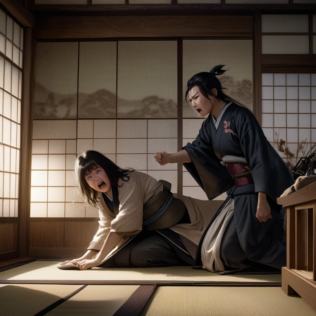 "Date Masamune arguing with his mother, traditional Japanese room, intense and emotional scene, realistic style"

プロンプト2: