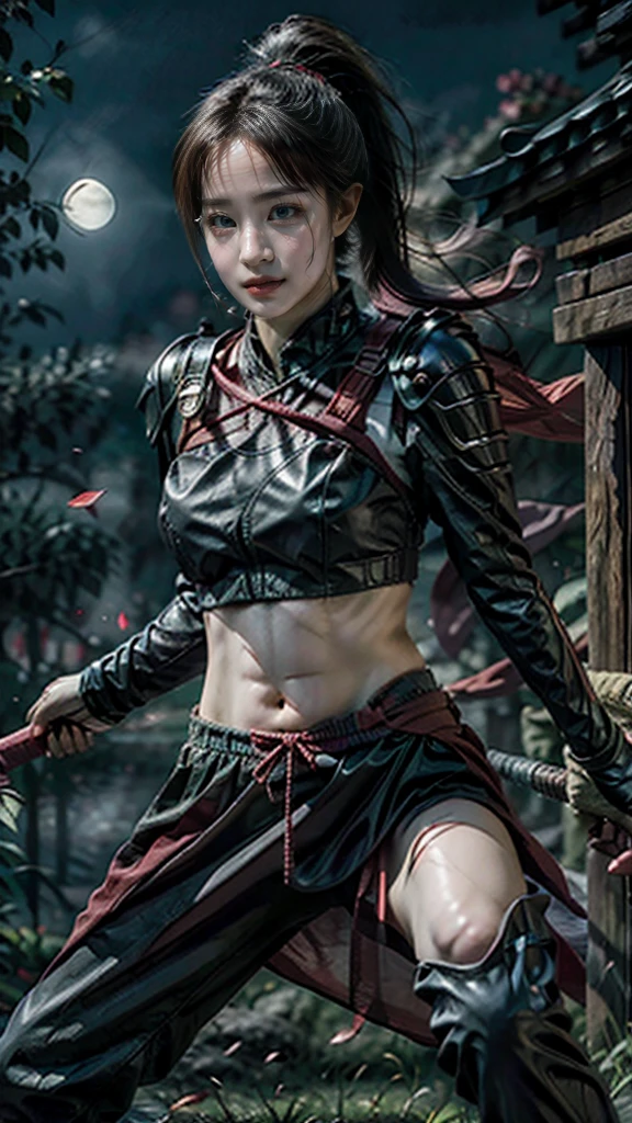 Moisturized skin, (red eyes), realistic body, (adult female body), (glasses), heartless,
BREAK,
bright red lipstick, (beautiful navel),
BREAK,
(folded ponytail: 1.2),
BREAK,
((masterpiece + highest quality + high resolution + highly detailed)), (full body: 1.2), symmetrical, one shot,
BREAK,
(leaves fluttering), (wind blowing), (battle stance: 1.4),
BREAK,
(large Japanese sword), (glasses), ninja clothes, night, full moon, assassination,