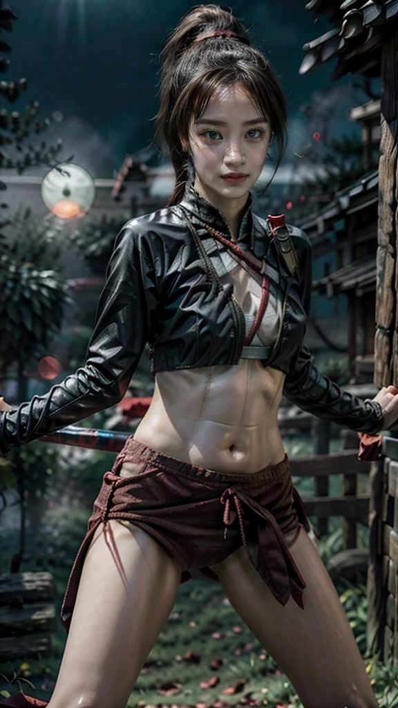 Moisturized skin, (red eyes), realistic body, (adult female body), (glasses), heartless,
BREAK,
bright red lipstick, (beautiful navel),
BREAK,
(folded ponytail: 1.2),
BREAK,
((masterpiece + highest quality + high resolution + highly detailed)), (full body: 1.2), symmetrical, one shot,
BREAK,
(leaves fluttering), (wind blowing), (battle stance: 1.4),
BREAK,
(large Japanese sword), (glasses), ninja clothes, night, full moon, assassination,