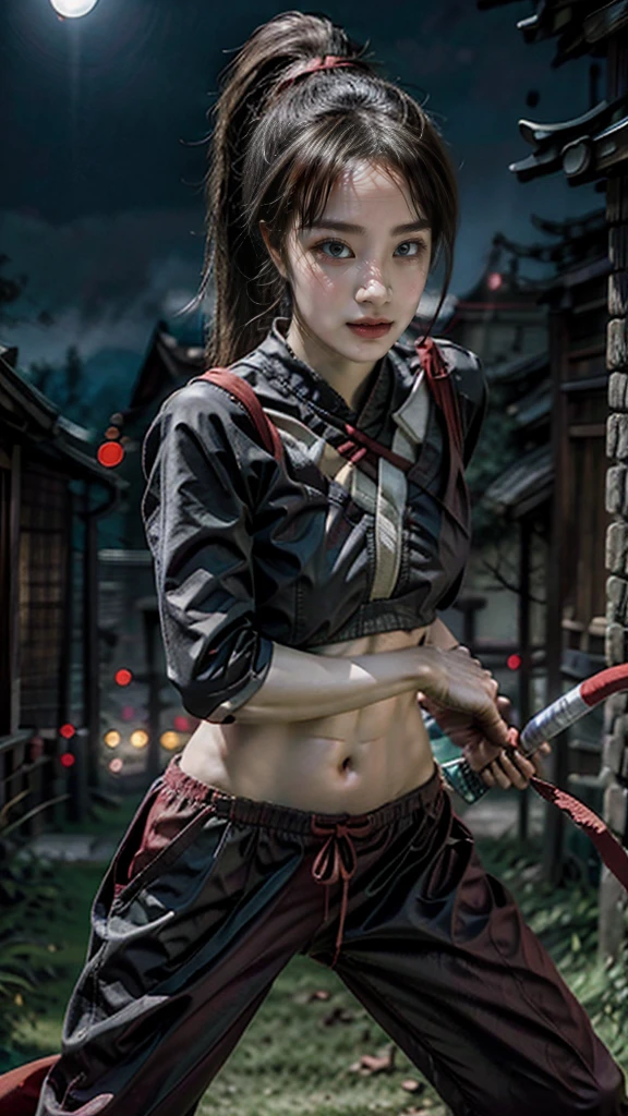 Moisturized skin, (red eyes), realistic body, (adult female body), (glasses), heartless,
BREAK,
bright red lipstick, (beautiful navel),
BREAK,
(folded ponytail: 1.2),
BREAK,
((masterpiece + highest quality + high resolution + highly detailed)), (full body: 1.2), symmetrical, one shot,
BREAK,
(leaves fluttering), (wind blowing), (battle stance: 1.4),
BREAK,
(large Japanese sword), (glasses), ninja clothes, night, full moon, assassination,