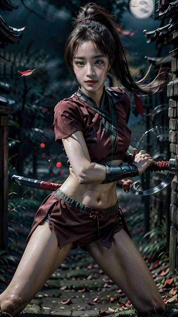 Moisturized skin, (red eyes), realistic body, (adult female body), (glasses), heartless,
BREAK,
bright red lipstick, (beautiful navel),
BREAK,
(folded ponytail: 1.2),
BREAK,
((masterpiece + highest quality + high resolution + highly detailed)), (full body: 1.2), symmetrical, one shot,
BREAK,
(leaves fluttering), (wind blowing), (battle stance: 1.4),
BREAK,
(large Japanese sword), (glasses), ninja clothes, night, full moon, assassination,