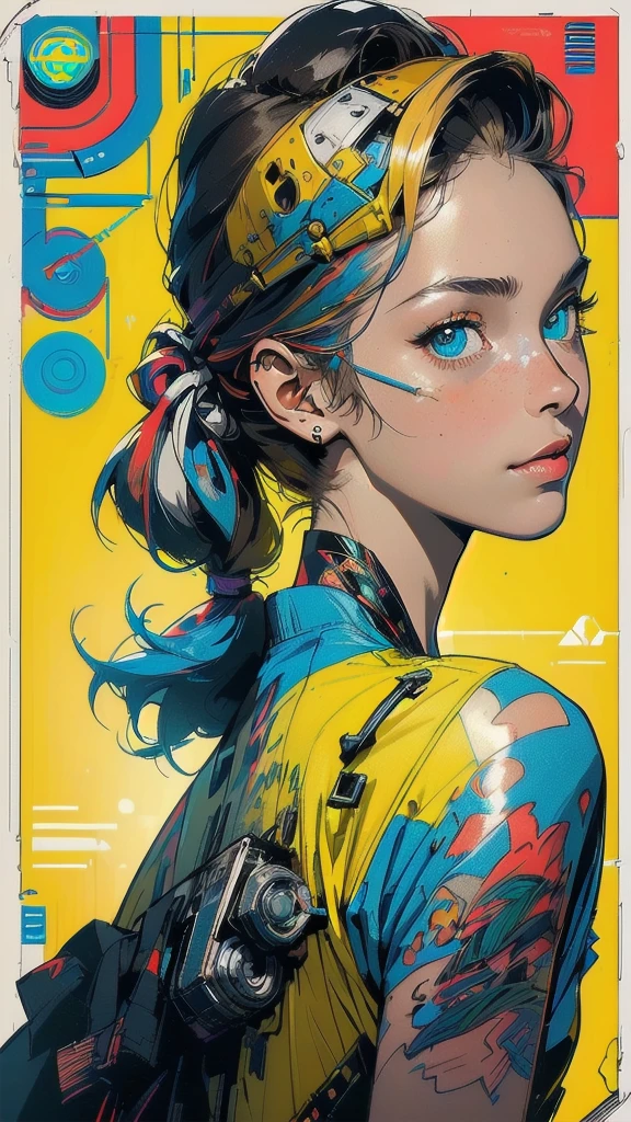 (((masterpiece, highest quality))),(((solo:1.2))),(((1girl:1.2))),32k wallpaper, very detailed, poster, vintage science fiction,(((((geometric cinematic movie poster))))), ((bauhaus)),(shape),(((abstract))),(mid century modern),movie poster,(((((portfolio))))),(((((Close-up))))),(((((bust up))))),((((more various angle)))),((((highlight)))),((((heterochromia)))),(((complete. detailed face))),((((Extremely talented)))),(((((most complecated futristic machine))))),(Colorful color scheme),(((detailed unlimited mechanic complete Equipment))),(((Absolutely Bright yellow background))),(((Matte texture background))),(((Beautiful woman looking back)))