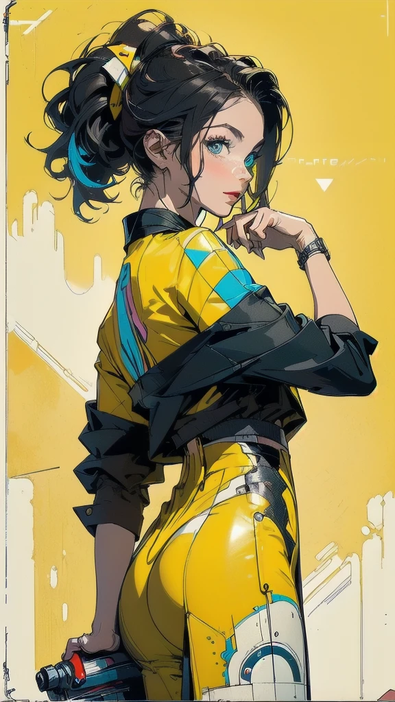 (((masterpiece, highest quality))),(((solo:1.2))),(((1girl:1.2))),32k wallpaper, very detailed, poster, vintage science fiction,(((((geometric cinematic movie poster))))), ((bauhaus)),(shape),(((abstract))),(mid century modern),movie poster,(((((portfolio))))),(((((Close-up))))),(((((bust up))))),((((more various angle)))),((((highlight)))),((((heterochromia)))),(((complete. detailed face))),((((Extremely talented)))),(((((most complecated futristic machine))))),(Colorful color scheme),(((detailed unlimited mechanic complete Equipment))),(((Absolutely Bright yellow background))),(((Matte texture background))),(((Beautiful woman looking back)))