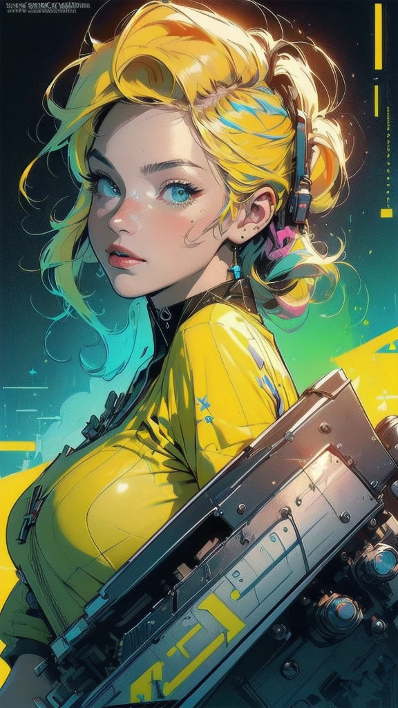 (((masterpiece, highest quality))),(((solo:1.2))),(((1girl:1.2))),32k wallpaper, very detailed, poster, vintage science fiction,(((((geometric cinematic movie poster))))), ((bauhaus)),(shape),(((abstract))),(mid century modern),movie poster,(((((portfolio))))),(((((Close-up))))),(((((bust up))))),((((more various angle)))),((((highlight)))),((((heterochromia)))),(((complete. detailed face))),((((Extremely talented)))),(((((most complecated futristic machine))))),(Colorful color scheme),(((detailed unlimited mechanic complete Equipment))),(((Absolutely Bright yellow background))),(((Matte texture background))),(((Beautiful woman looking back)))