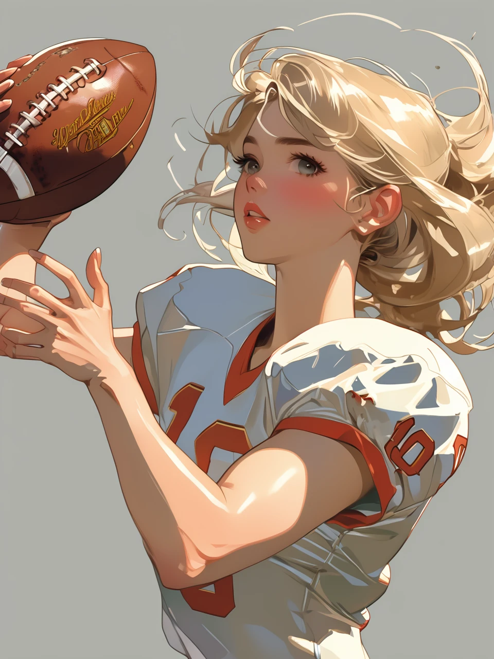 Closeup of a blonde female quarterback throwing a football, midriff. Style by J.C. Leyendecker.  Style by Makoto Shinkai