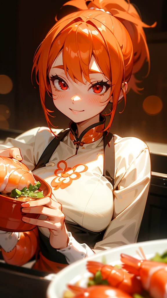 1 girl、8k、Sharp focus、(Bokeh) (Highest quality) (Detailed skin:1.3) (Intricate details) (anime)、Cute shrimp woman cooking delicious food in the kitchen、Orange Hair、ponytail、Beautiful red eyes、smile、fun、Upper body close-up