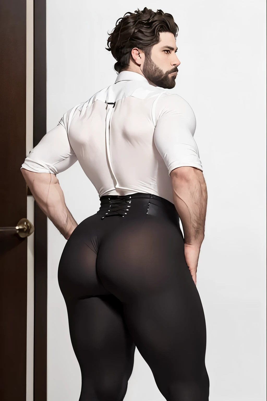 muscular man with big butt and small waist in tight-fitting suit in shirt, Big ass man, man with corset, man with hourglass body, man with waist