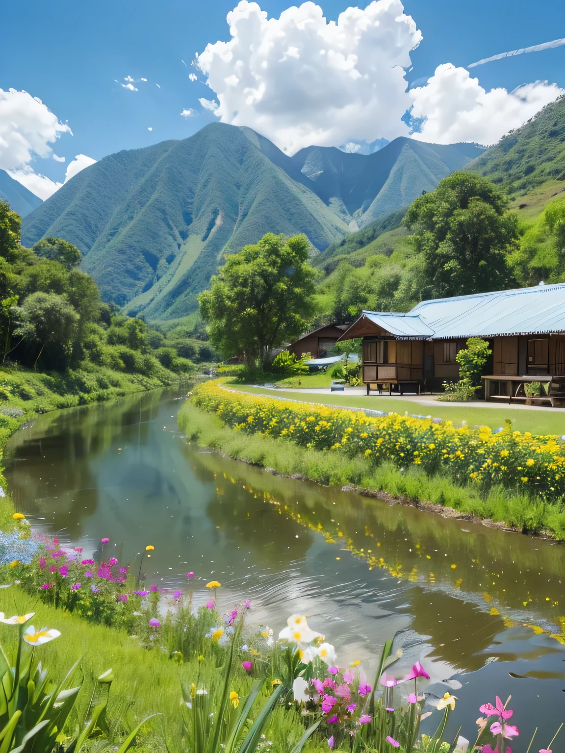 blue sky white clouds valley river,Various bright flowers bloom beside the river,There are also bungalows and wooden houses,Cows are eating grass