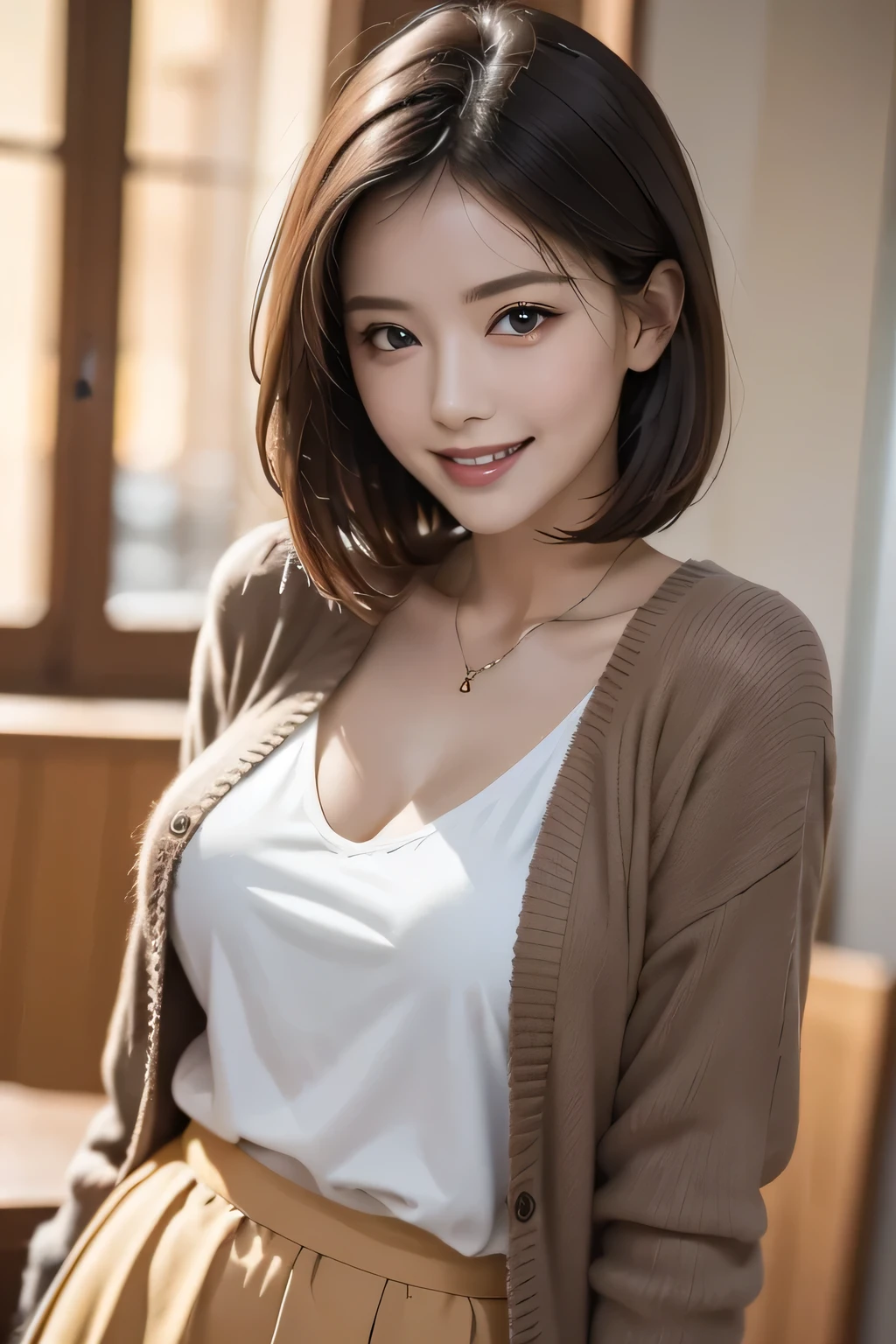 (1 Ultimate Beauty), (Beautiful face with detailed shading), whole body, 40s, (Big Breasts), Brown eyes, grin, (Pink Cardigan), Open cardigan, White camisole blouse, (Yellow pleated skirt), Are standing, (Tabletop)), ((Highest quality)), (Very detailed), ((Fascinating)), ((Very detailed)), 4K, (8k), Highest quality, (beautiful), (((World Class Quality))), Very detailed, High resolution,