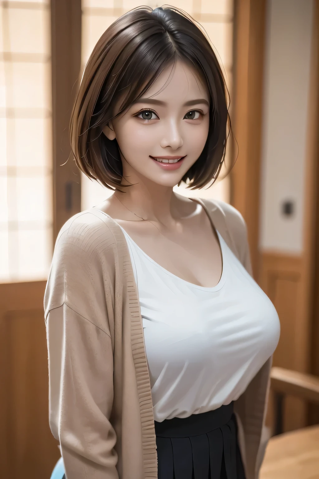 (1 Ultimate Beauty), (Beautiful face with detailed shading), whole body, 40s, (Big Breasts), Brown eyes, grin, (Pink Cardigan), Open cardigan, White camisole blouse, (Yellow pleated skirt), Are standing,  (Tabletop)), ((Highest quality)), (Very detailed), ((Fascinating)), ((Very detailed)), 4K, (8k), Highest quality, (beautiful), (((World Class Quality))), Very detailed, High resolution,