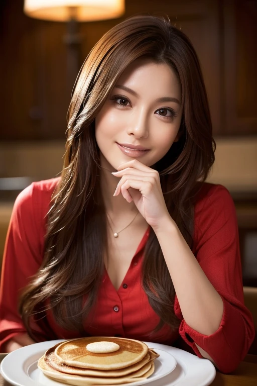 Woman eating pancakes:1.5, blouse, Dynamic, cinematic photos,(Ultra Realistic, High resolution), (Highly detailed eyes, Highly detailed hair, highly Detailed face, Highly detailed plump lips，Perfect Anatomy),(Highest quality:1.4), (Realistic, photo-Realistic:1.37), Professional photography, Cinematic Light, (Detailed face: 1.2), smile, Waist line:1.5, Highly detailed skin,very thin fingers, RAW Photos