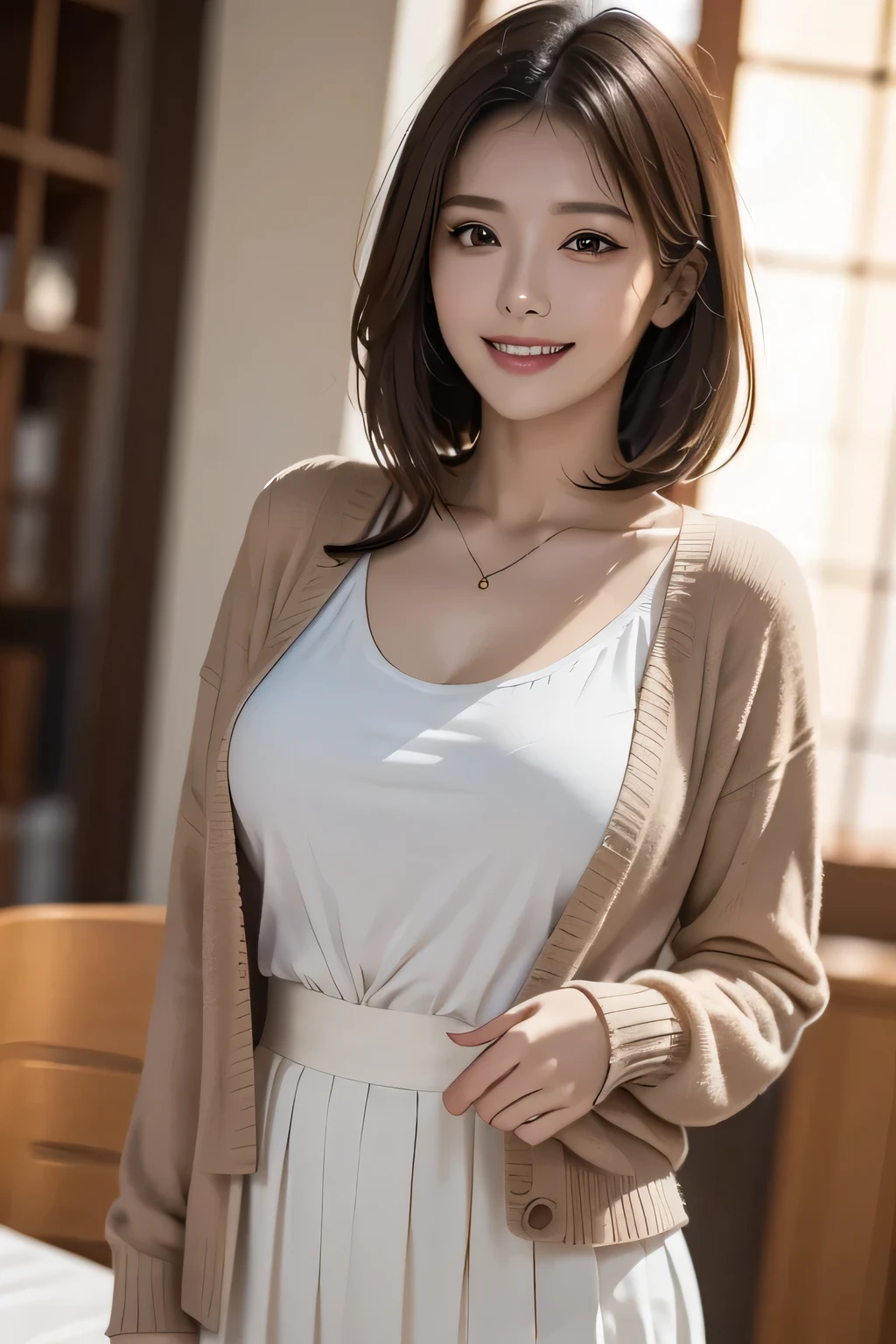 (1 Ultimate Beauty), (Beautiful face with detailed shading), whole body, 40s, (Big Breasts), Brown eyes, grin, (Pink Cardigan), Open cardigan, White camisole blouse, (Yellow pleated skirt), Are standing,  (Tabletop)), ((Highest quality)), (Very detailed), ((Fascinating)), ((Very detailed)), 4K, (8k), Highest quality, (beautiful), (((World Class Quality))), Very detailed, High resolution,