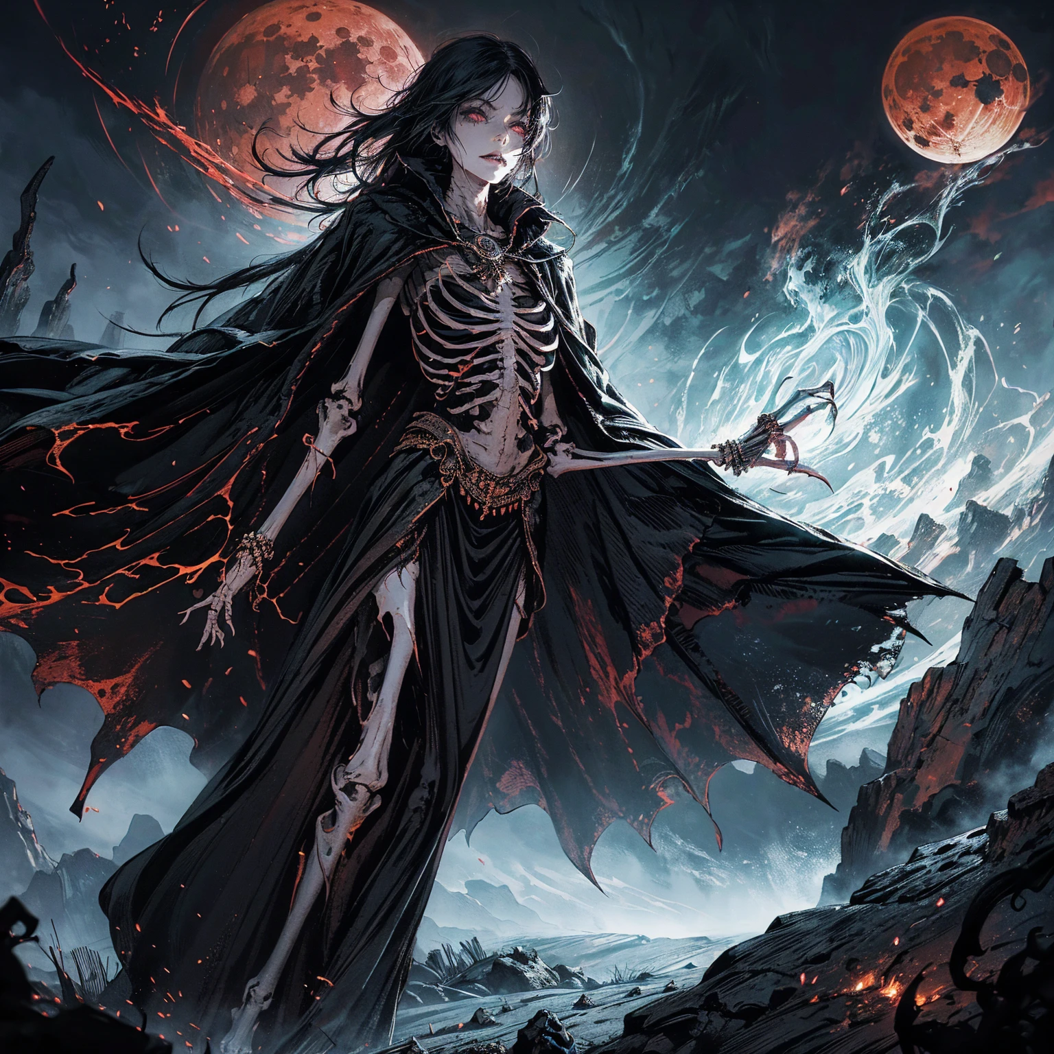 best quality, 4K, high resolution, masterpiece, Very detailed, Mood lighting, A black hair undead girl in a long cape, Whole body including hands & arms & legs & feet are all skeleton bones but except the head is still beautiful human face, Wearing a ragged gothic skirt, chanting dark evil undead magics, ghosts & zombies & skeletons wandering in the background, Aloofness emotion, Dangerous sneer, Turn her back to the camera dancing, Crucified, Pitch black sky, Blood-red moon, strange atmosphere, Gothic style, Unforgettable beauty, Dramatic shadows, Ethereal Light, Mysterious atmosphere