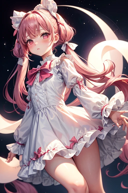 One Girl,Long sleeve,White ta Dress,One-piece with big ribbon,Angel,long,Pale pink twin tails,big tail,Deep pink eyes,blush,Grim expression,Small ,Bow and Arrow,Red full moon
