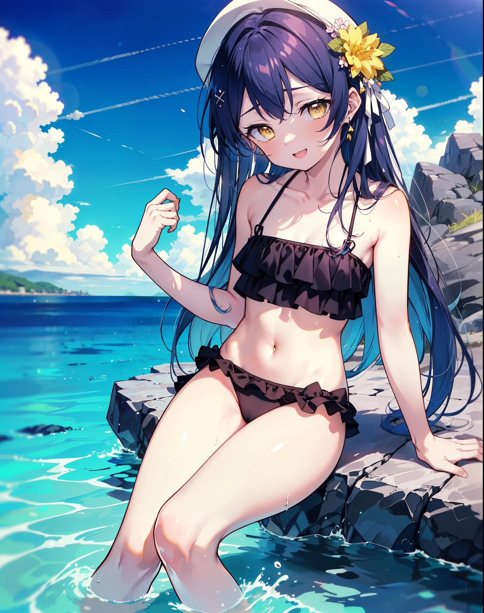 Umi Sonoda, Long Hair, Blue Hair, (Yellow Eyes:1.5) (Flat Chest:1.2),,happy smile, smile, Open your mouth,Black bikini swimsuit with frills,barefoot,Water Play,True Summer,Clear skies,Daytime,　　　　　　　　　　　　　break looking at viewer, whole body, 　　　　　　　　　break outdoors,Beach, 　　　　　　　　　　　break (masterpiece:1.2), Highest quality, High resolution, unity 8k wallpaper, (shape:0.8), (Beautiful and beautiful eyes:1.6), Highly detailed face, Perfect lighting, Highly detailed CG, (Perfect hands, Perfect Anatomy),